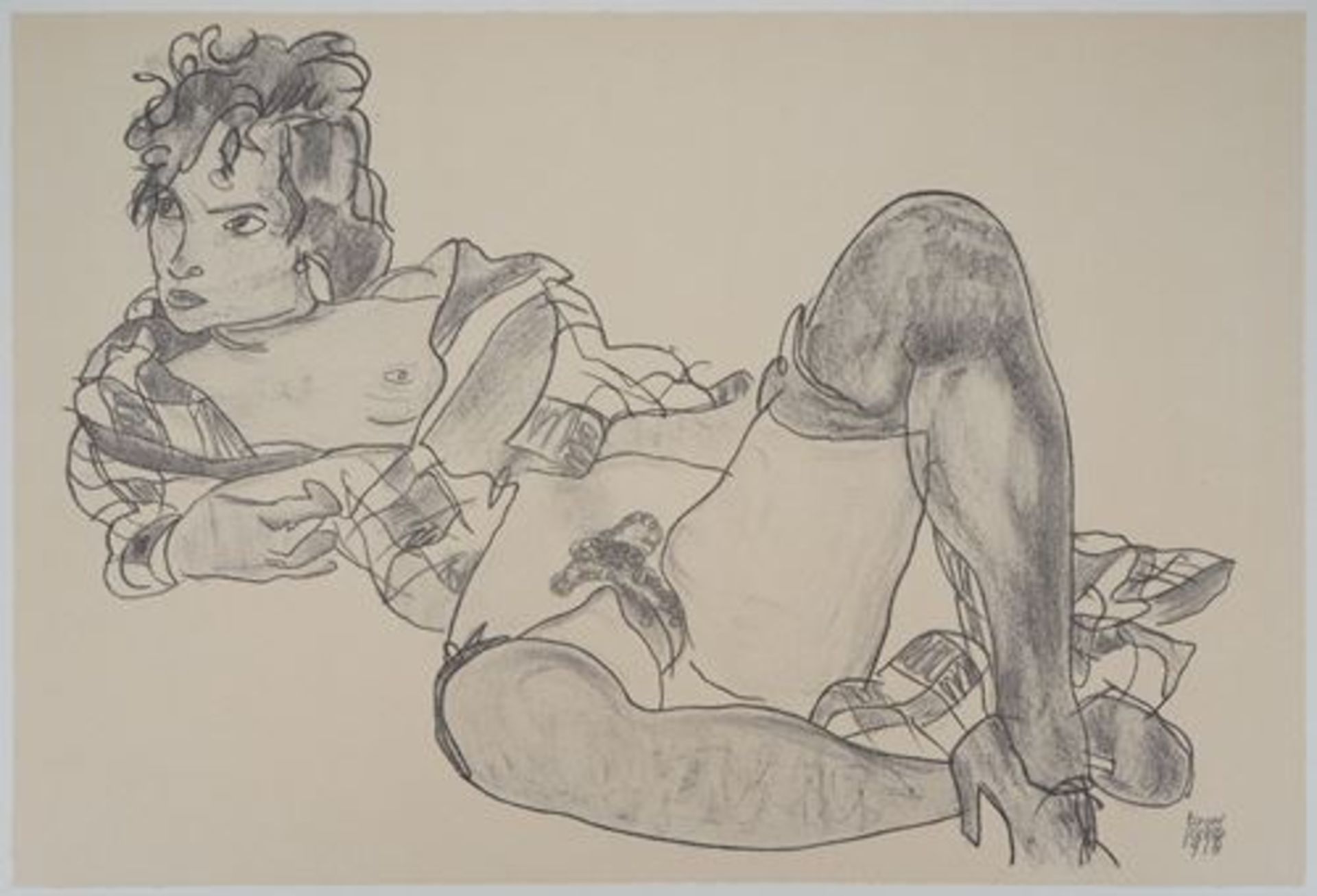 Egon SCHIELE (after) Provocative nude Lithograph Signed in the plate at the bottom [...]
