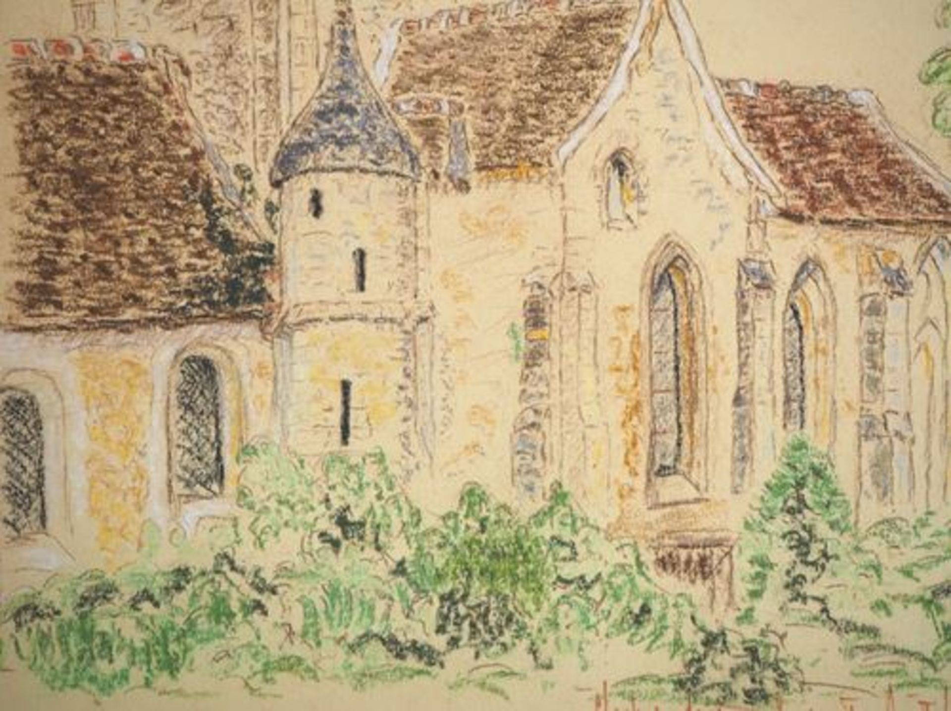 Ecole du début du XXe siècle Clocher de Delincourt Dessin au pastel [...] - Bild 4 aus 5