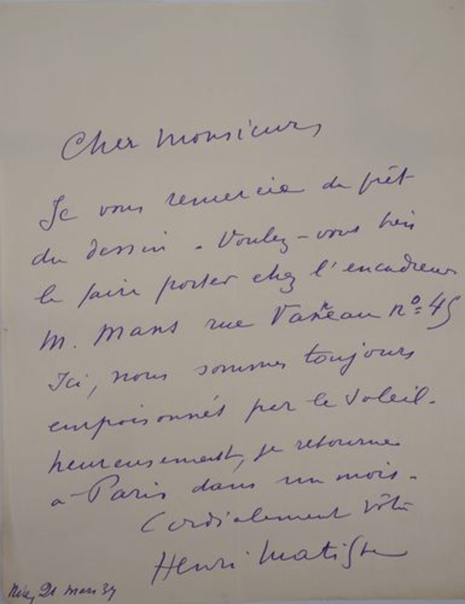 Henri MATISSE Lettre autographe Belle lettre entièrement autographe Portant une [...]