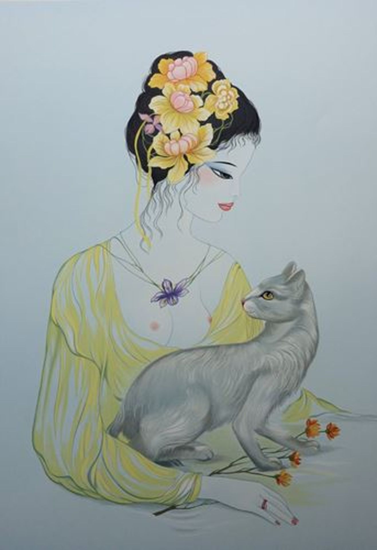 Mara TRAN LONG (1935-) The Geisha and her cat - Original lithograph - Limited [...]