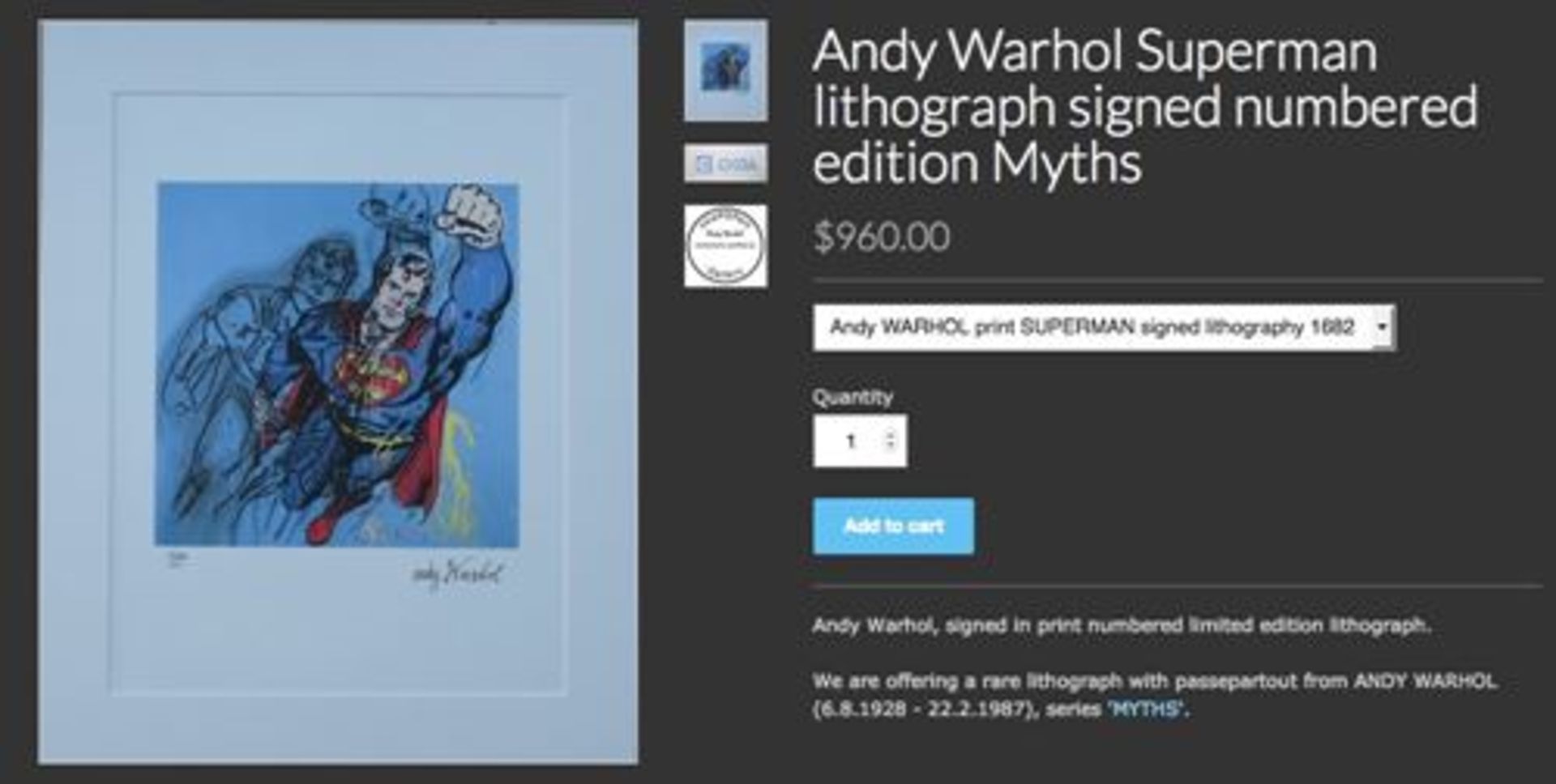 Andy Warhol Superman, 1981/1986 Series "Myths" Pencil numbered and signed in [...] - Bild 8 aus 9