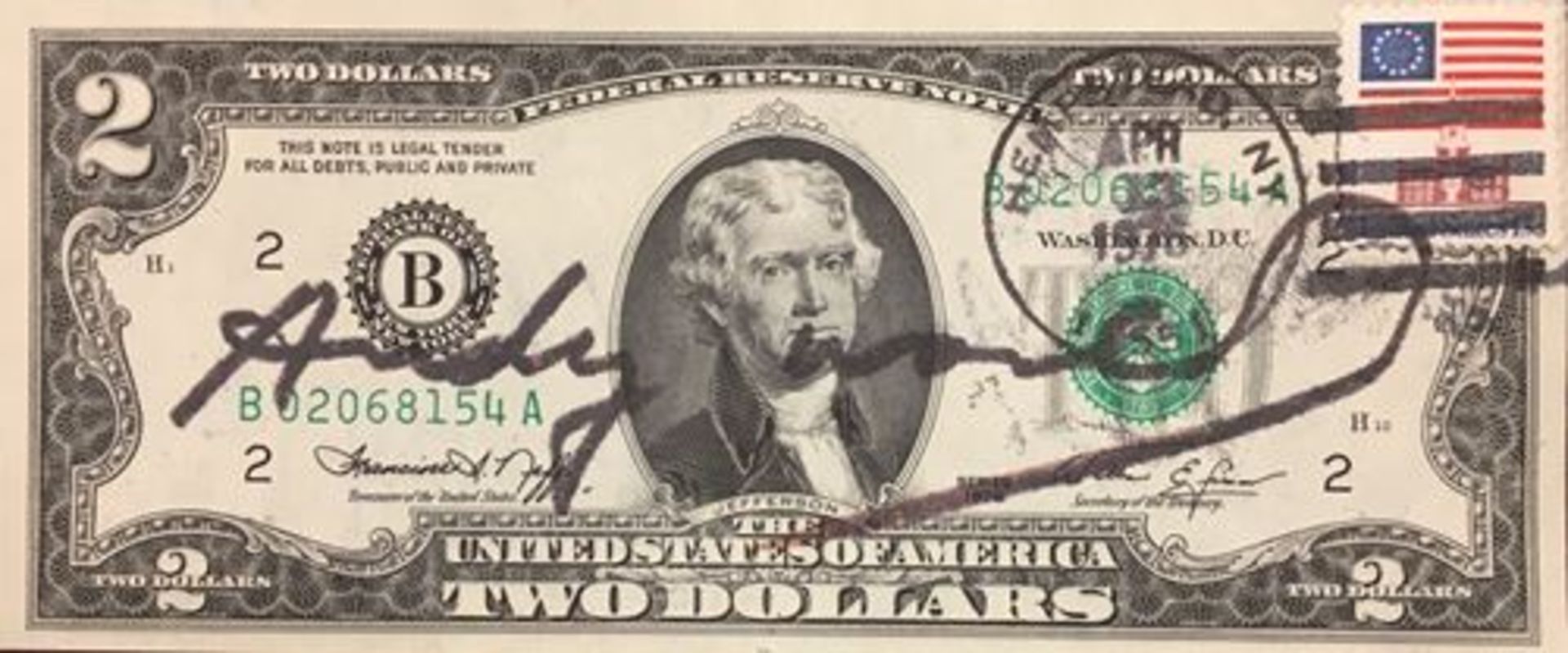 Andy WARHOL (1928-1987) 2 Dollars Jefferson, 1976 Signed in red felt tip pen Stamp of [...]