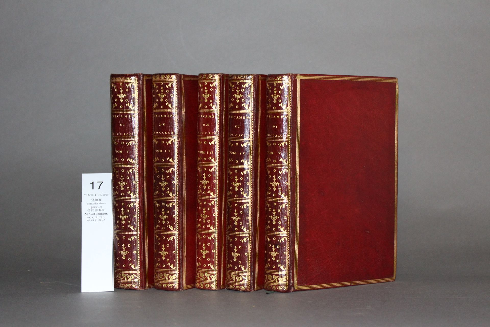 BOCCACE. - Le Décaméron.- Londres, 1757-1761.- 5 volumes in-8 ; maroquin rouge, dos [...]