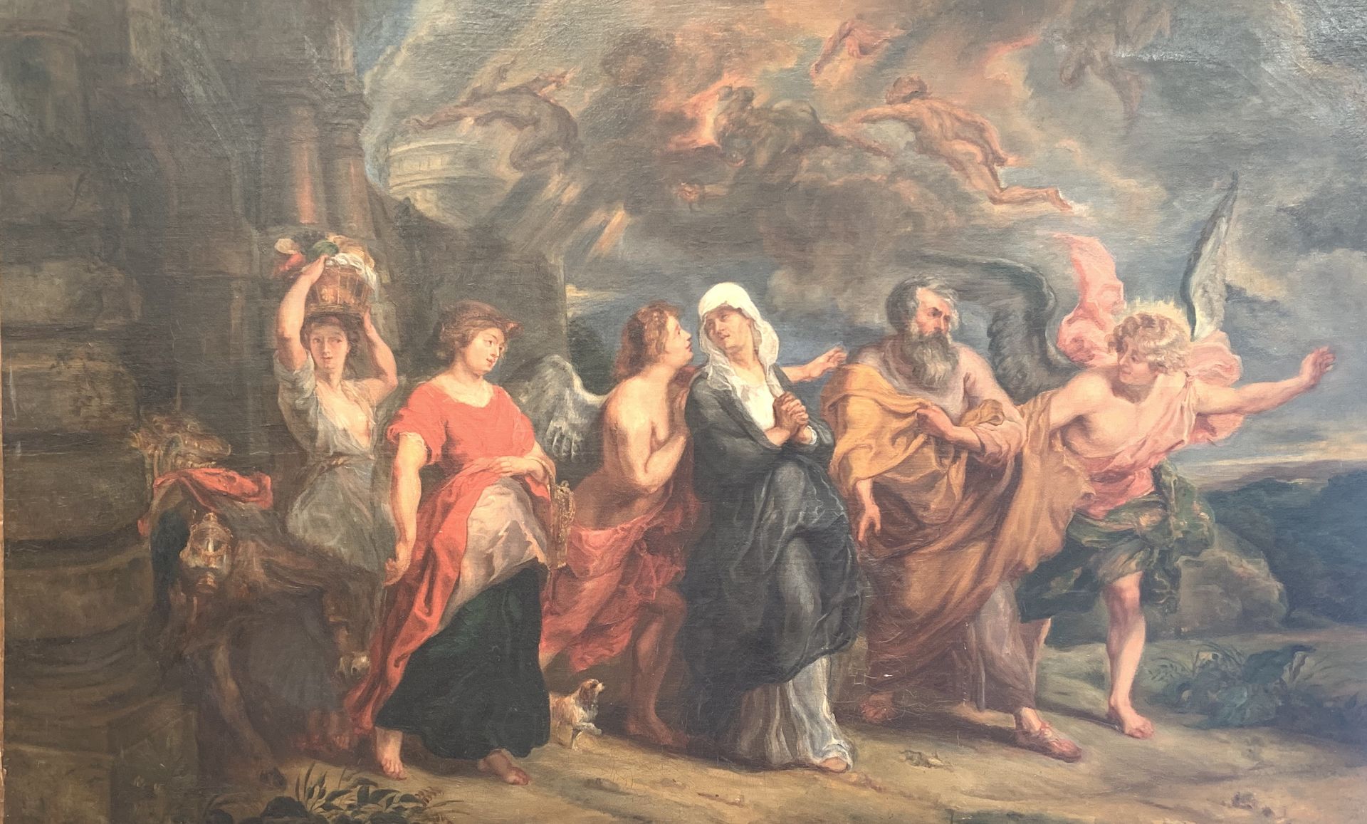D'après Petrus Paulus RUBENS (1577-1640). La fuite de Loth. Huile sur toile. Fin [...]