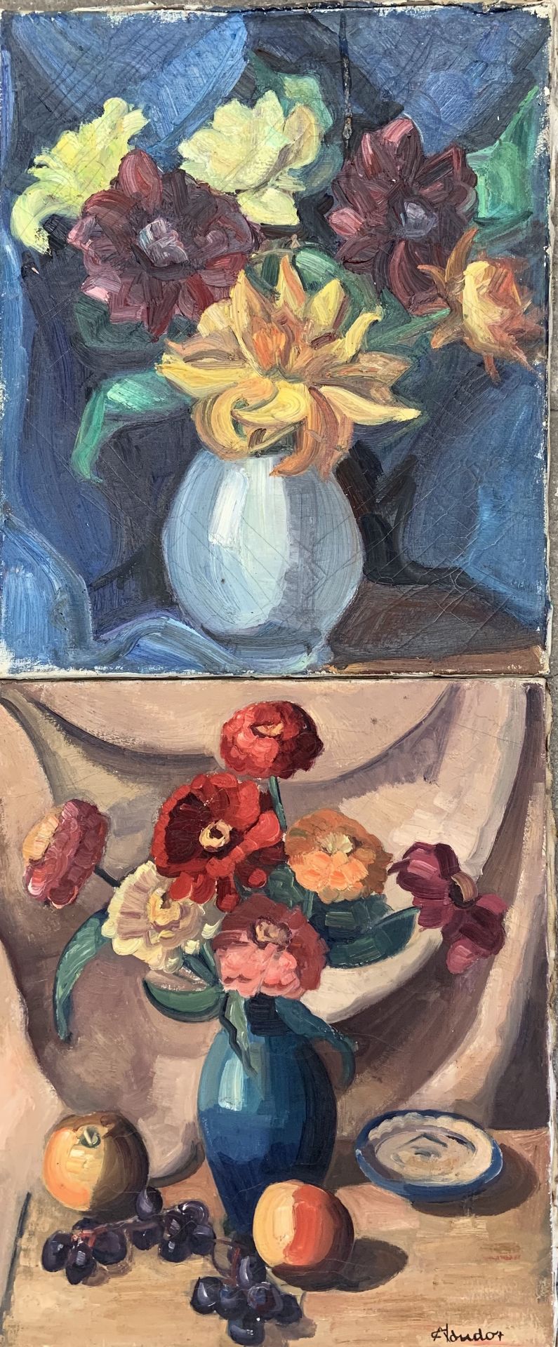 Ecole de André CLAUDOT (1892-1982). Bouquet de fleurs. Deux huiles sur toile, l'une [...]