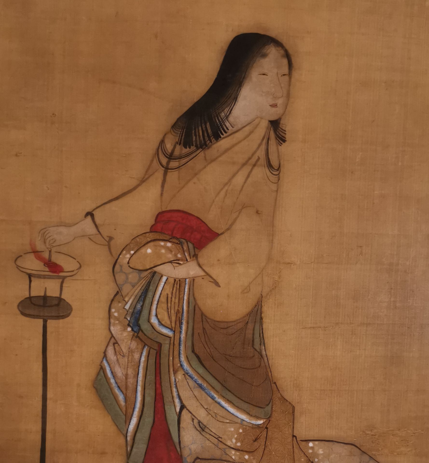 JAPON. Jeune femme au bougeoir et à l'oiseau. Peinture sur soie, porte une signature [...] - Bild 4 aus 5