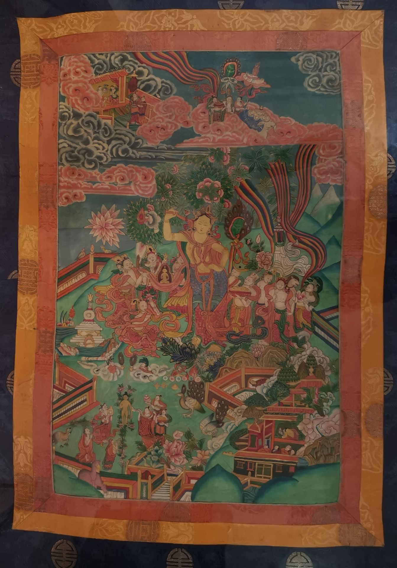 Thangka encadré Tibet, XXème siècle Représentant la scène de la naissance de [...]