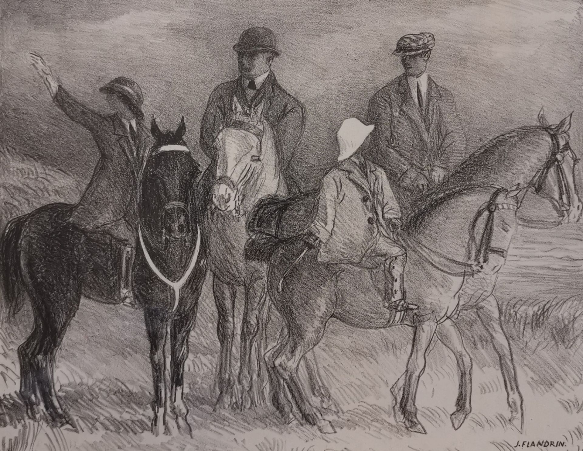 Jules FLANDRIN (1871-1947). Quatre cavaliers. Lithographie, signée dans la planche [...]