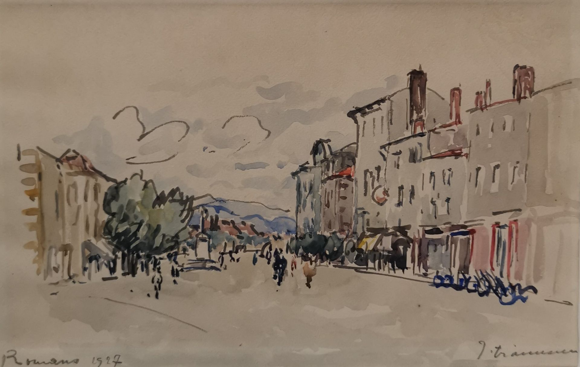 Jacques TRAVERSIER (1875-1935). Vue animée de Romans-sur-Isère. Aquarelle, située [...]