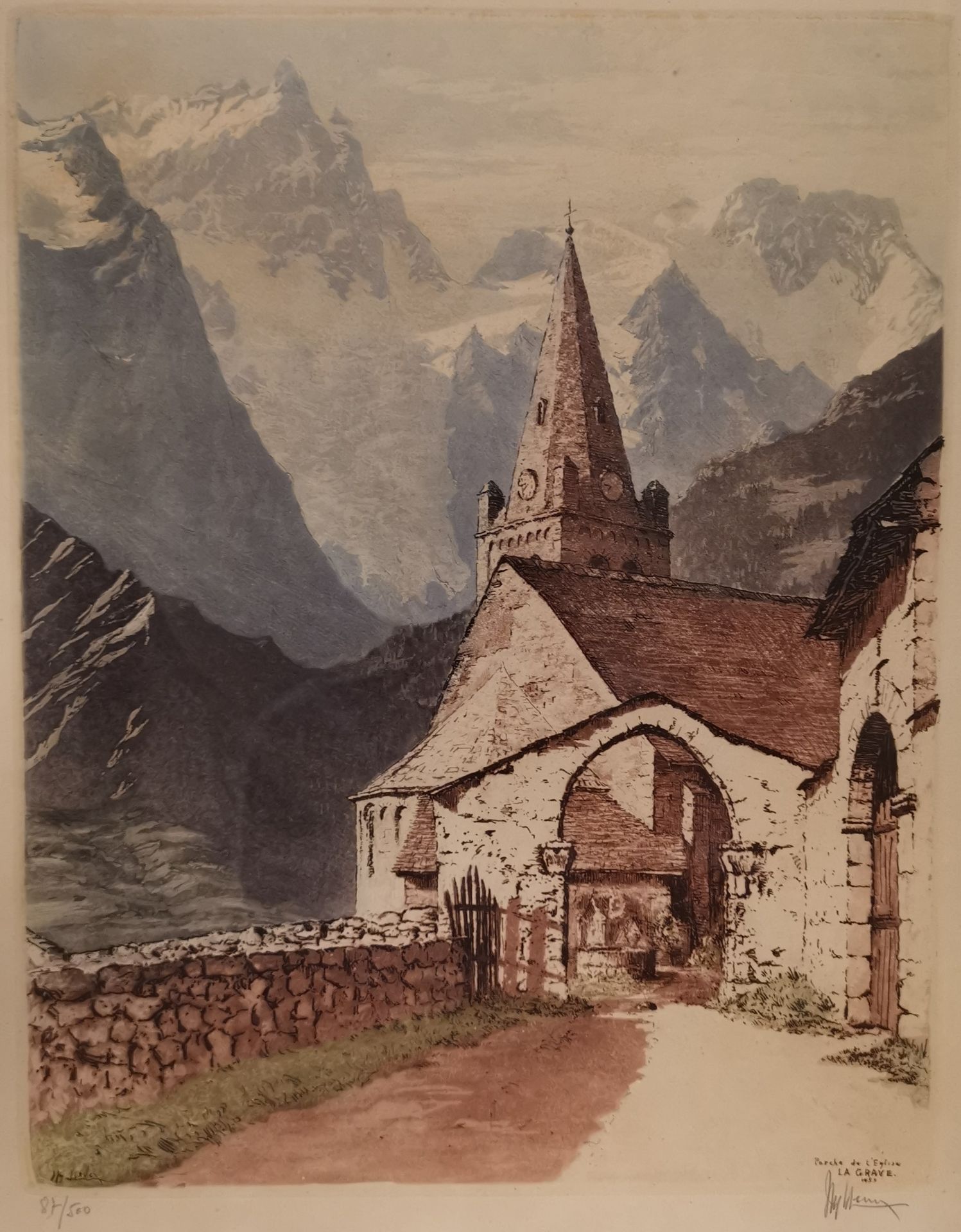 Joanny DREVET (1889-1969). Porche de l'Eglise de la Grave. Estampe en couleurs, [...]