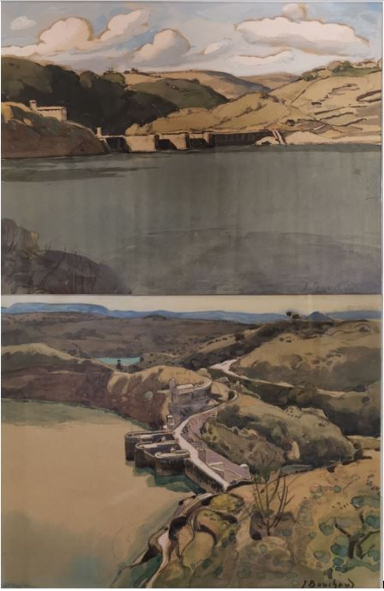 Jean BOUCHAUD (1891-1977). Deux vues présumées d'un barrage en Algérie. Gouaches [...]