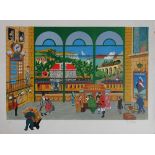 DELIEGE W. Busy Station - Original lithograph in naive art - Signed in pencil by [...]