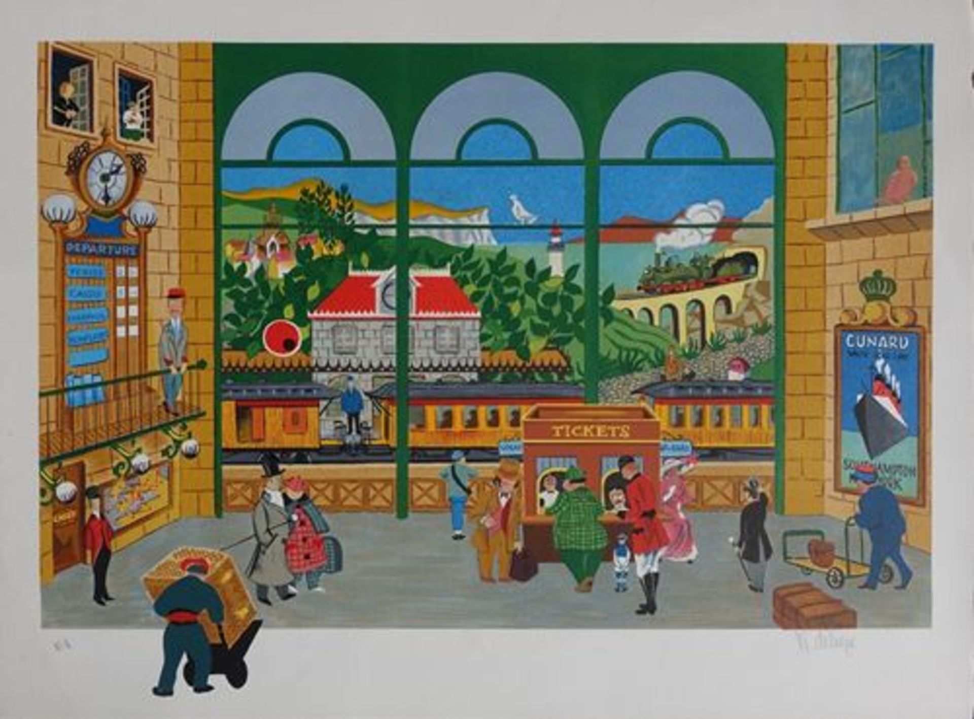 DELIEGE W. Busy Station - Original lithograph in naive art - Signed in pencil by [...]