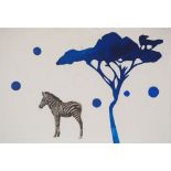 Iris FOSSIER Le zèbre sous l'arbre bleu Collage original sur papier japon ancien et [...]