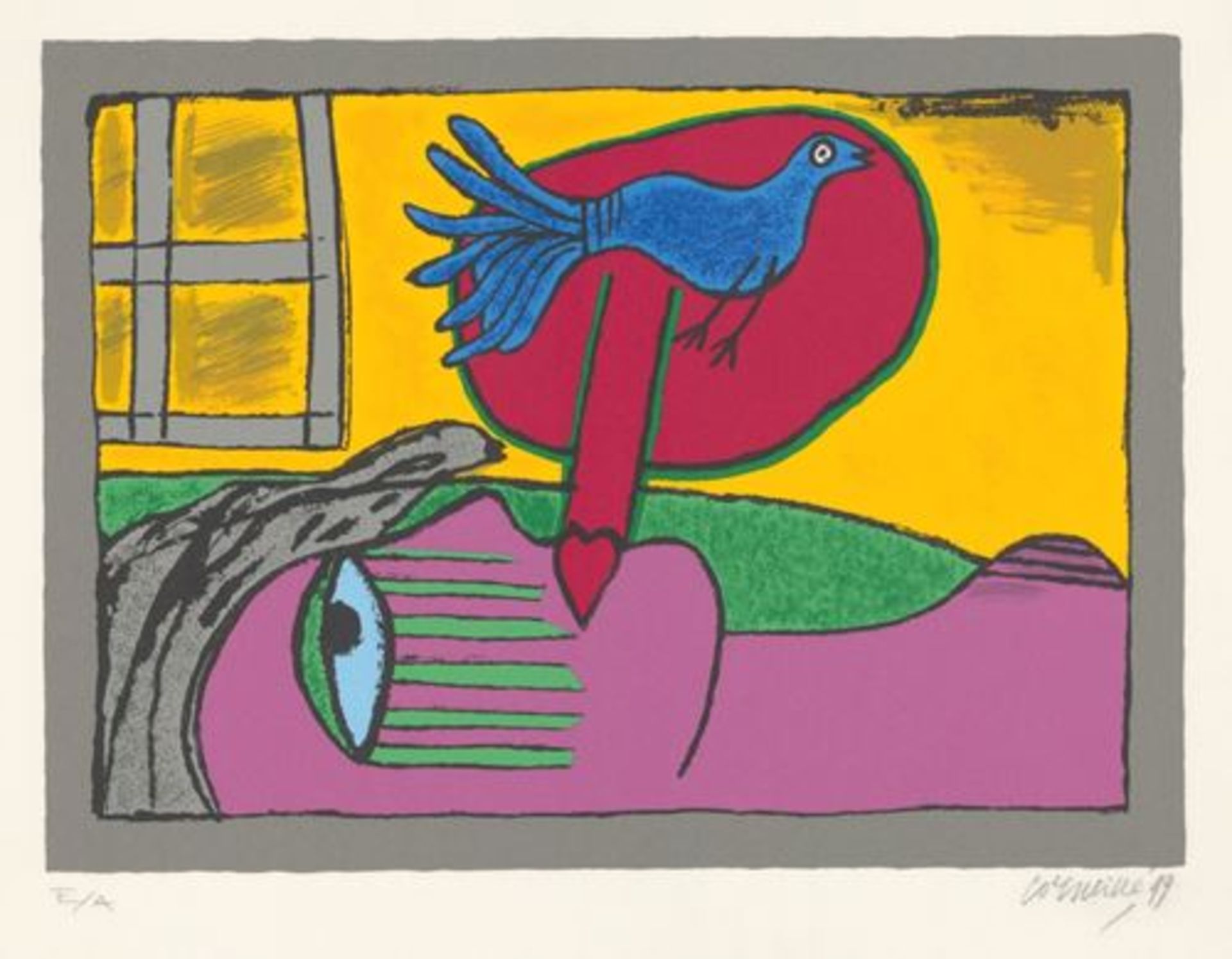 CORNEILLE Woman lying and blue bird Original lithograph, 1999 Signed in [...]