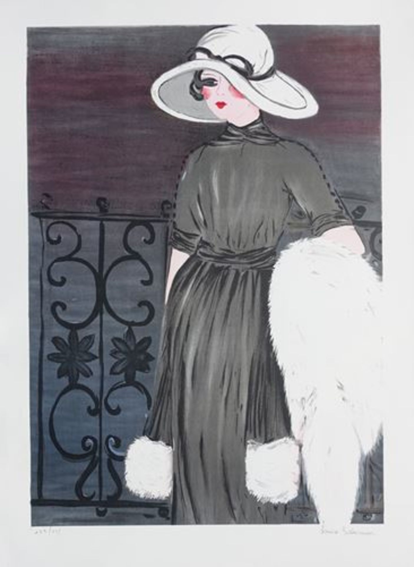 Louise SALOMON Elegant Lady at the balcony Original lithograph Signed in [...] - Bild 2 aus 6