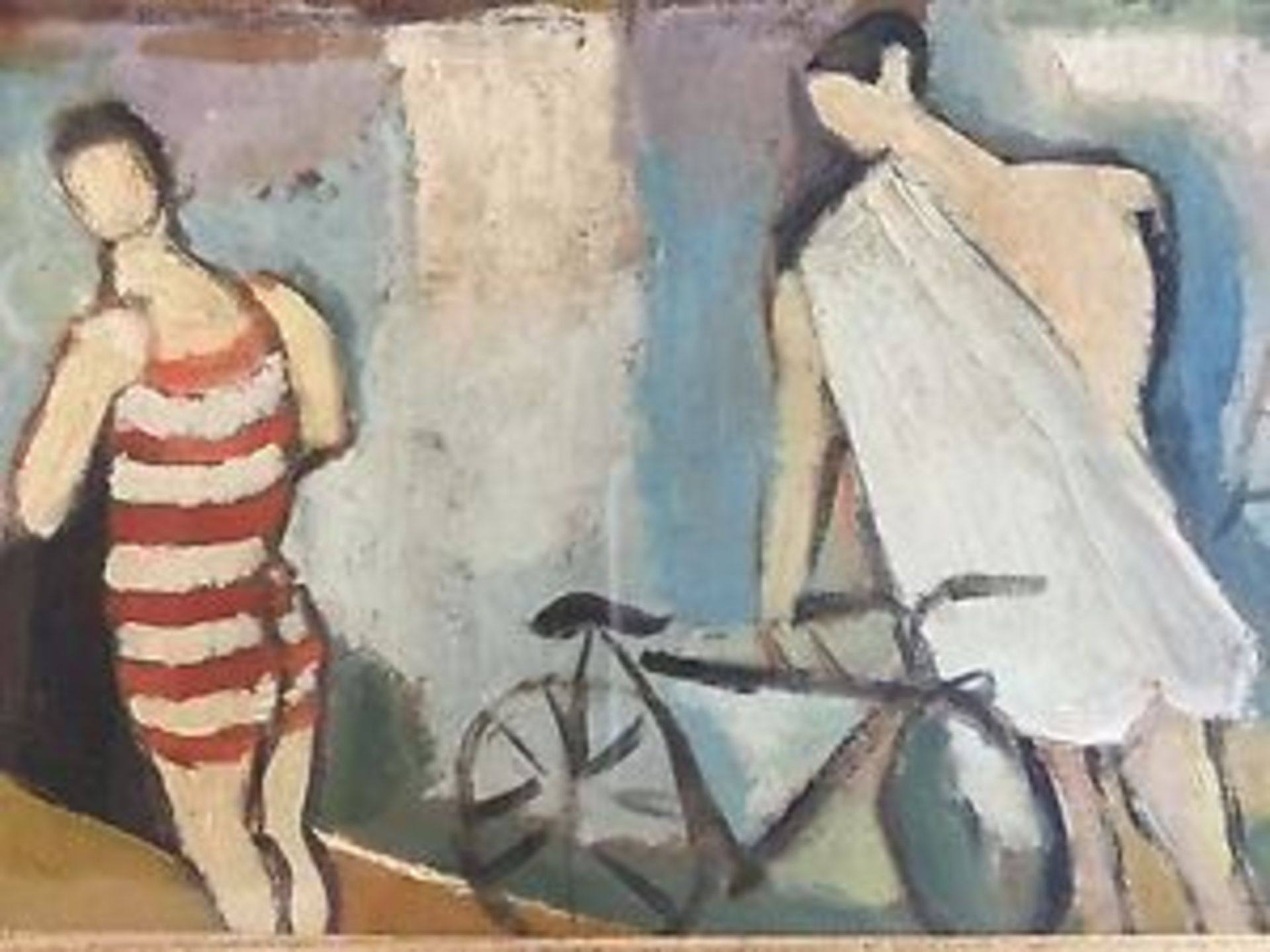 Post-cubist School The Bathers and the Bicycle, XXe s Oil on cardboard Signed at [...] - Bild 5 aus 6