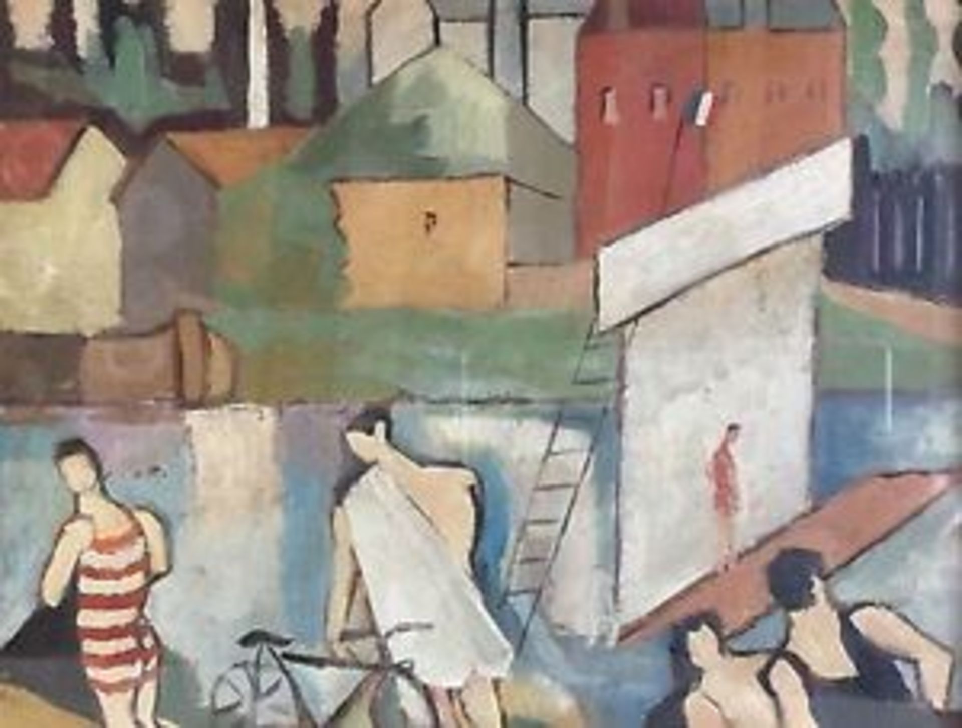 Post-cubist School The Bathers and the Bicycle, XXe s Oil on cardboard Signed at [...]