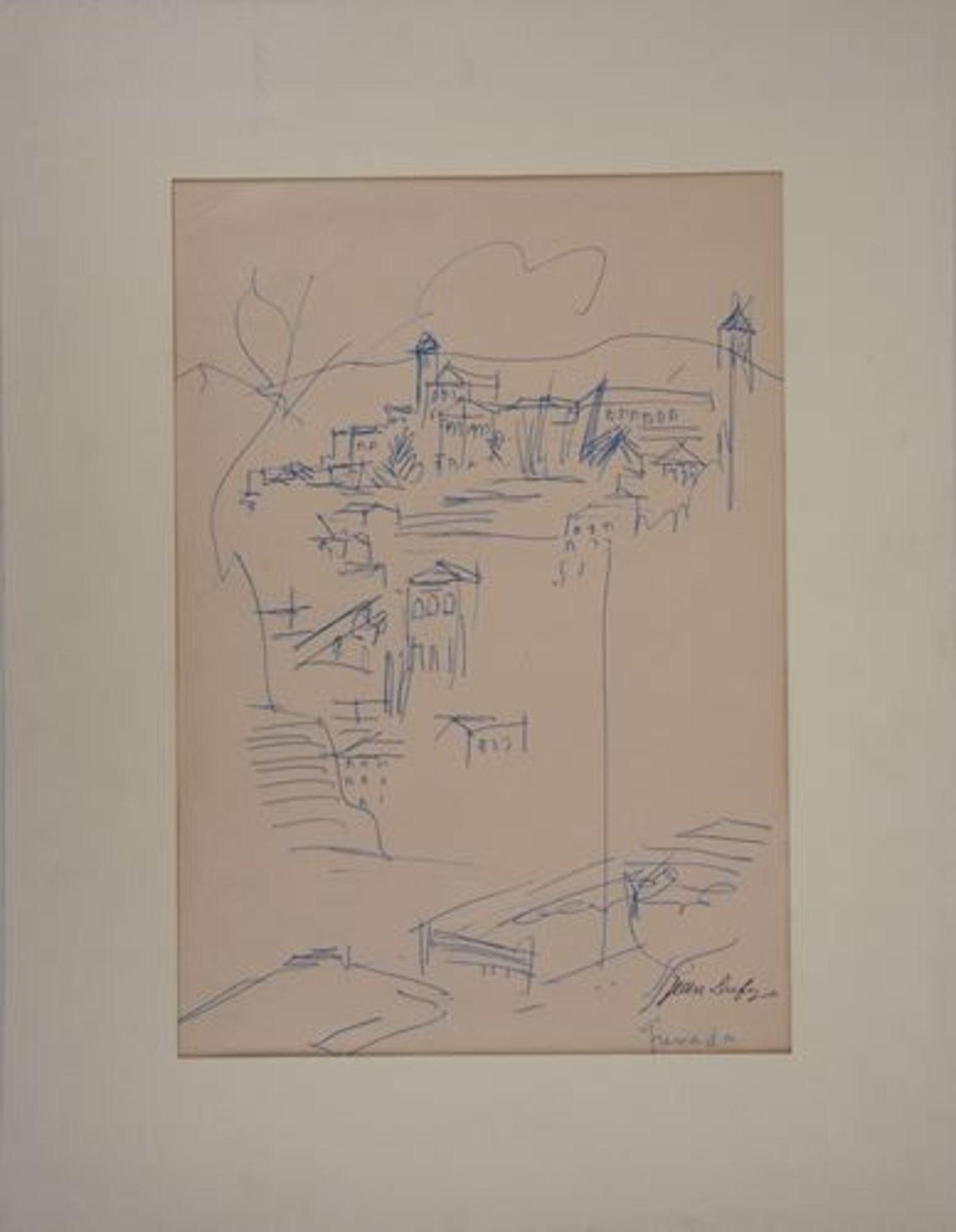 Jean Dufy Spain: Granada, view of the old city Original drawing in blue ink Signed [...] - Bild 2 aus 6