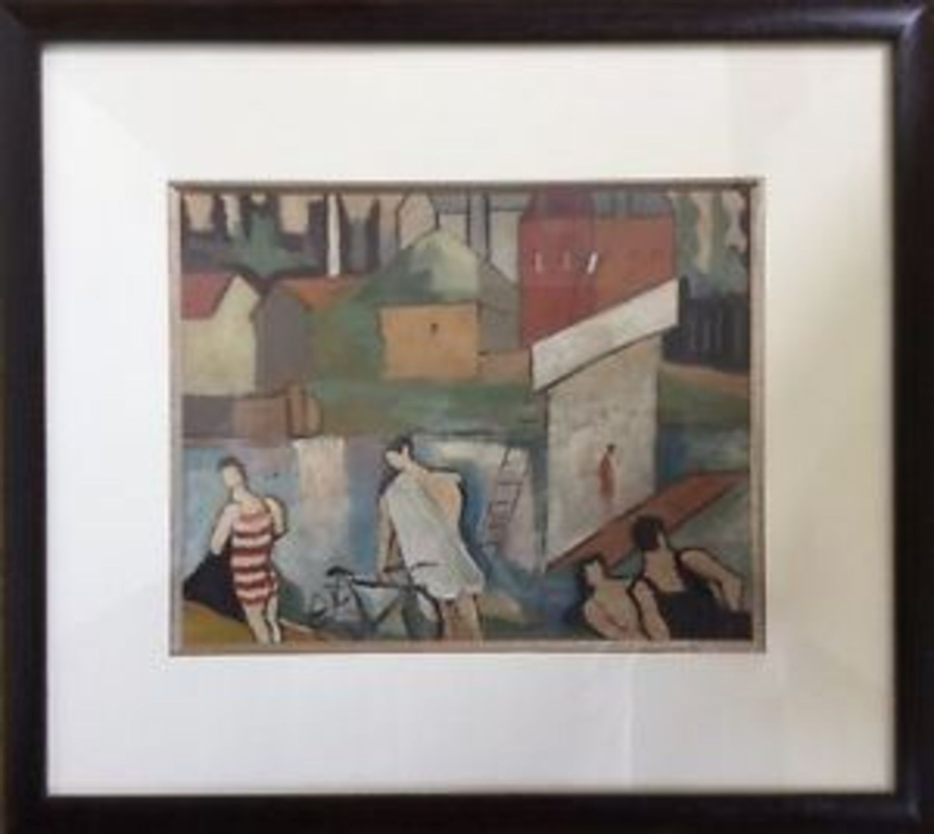 Post-cubist School The Bathers and the Bicycle, XXe s Oil on cardboard Signed at [...] - Bild 2 aus 6