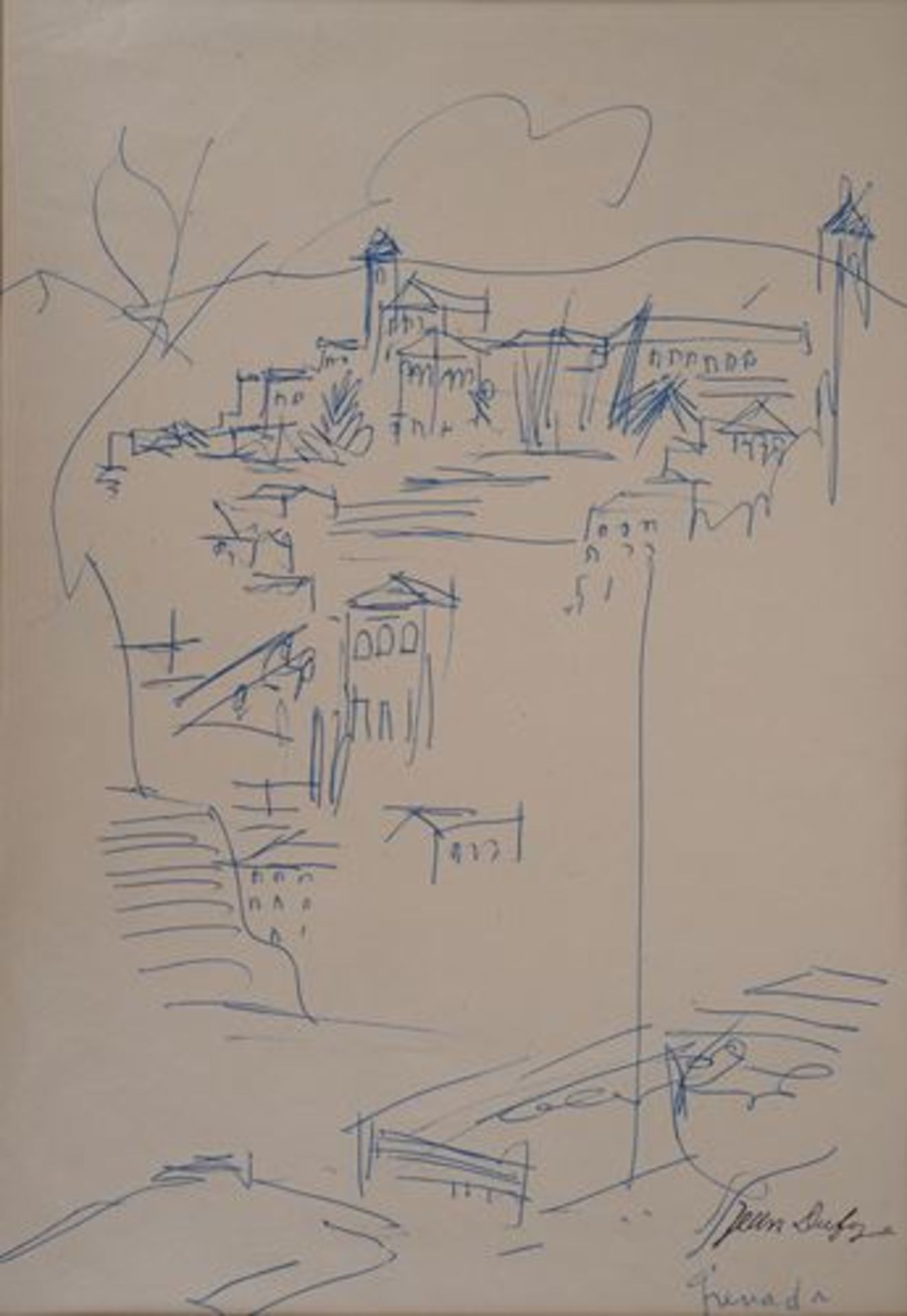 Jean Dufy Spain: Granada, view of the old city Original drawing in blue ink Signed [...]