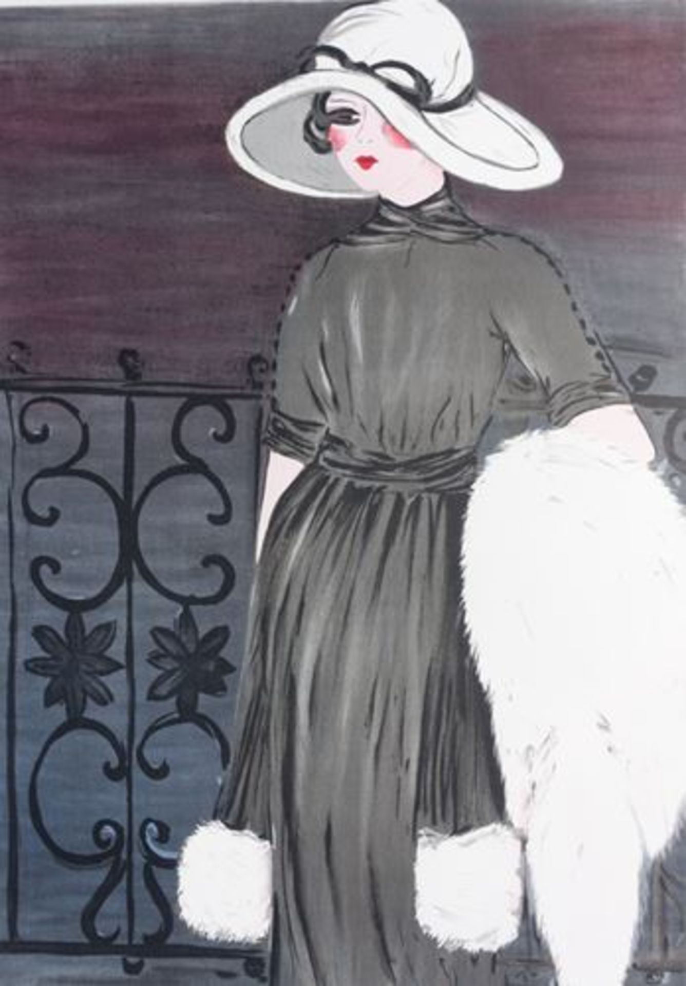 Louise SALOMON Elegant Lady at the balcony Original lithograph Signed in [...]