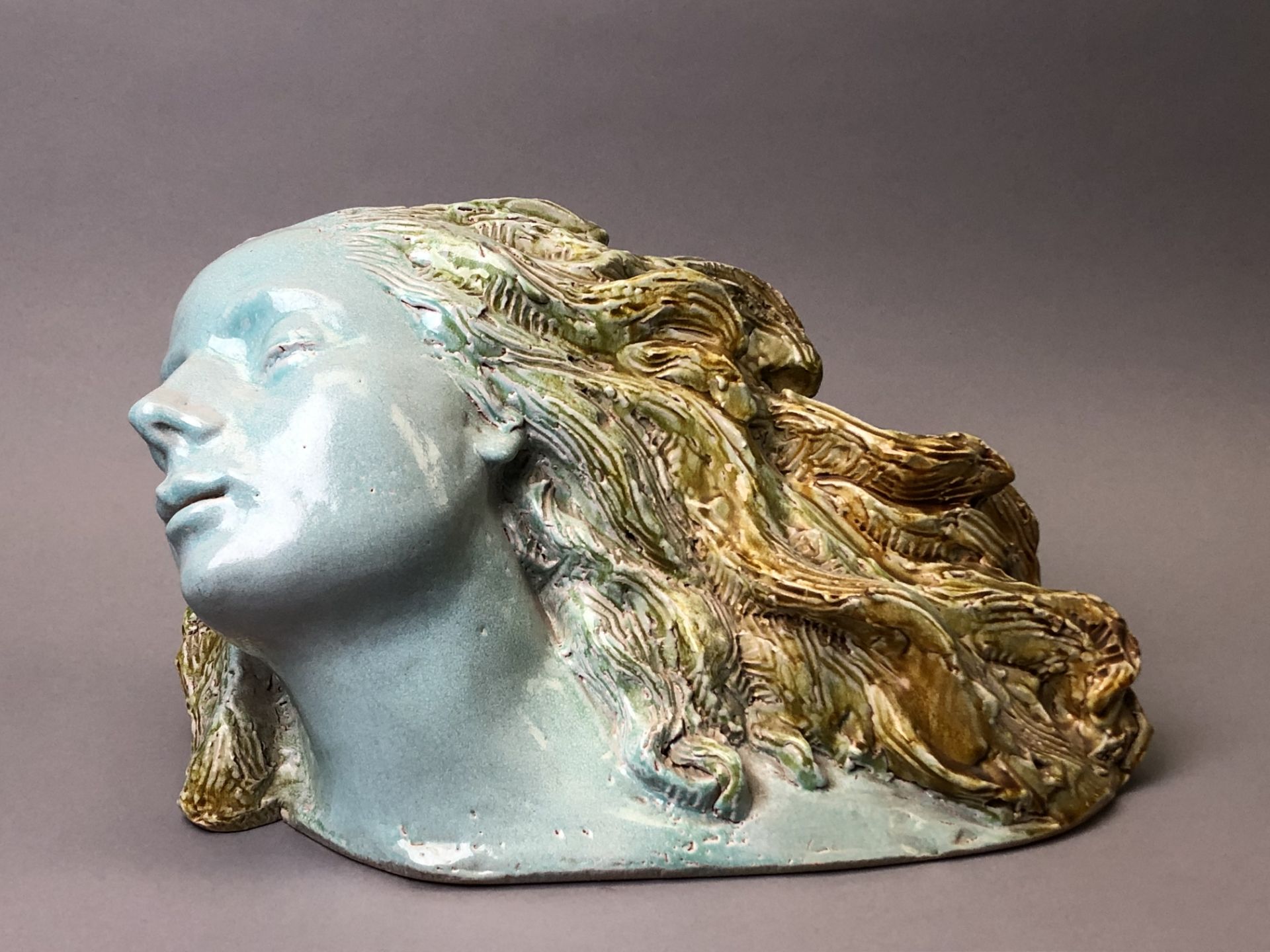 Jean Jacques PERRIER (XXe-XXIe siècle). Visage de femme cheveux au vente. Terre [...]