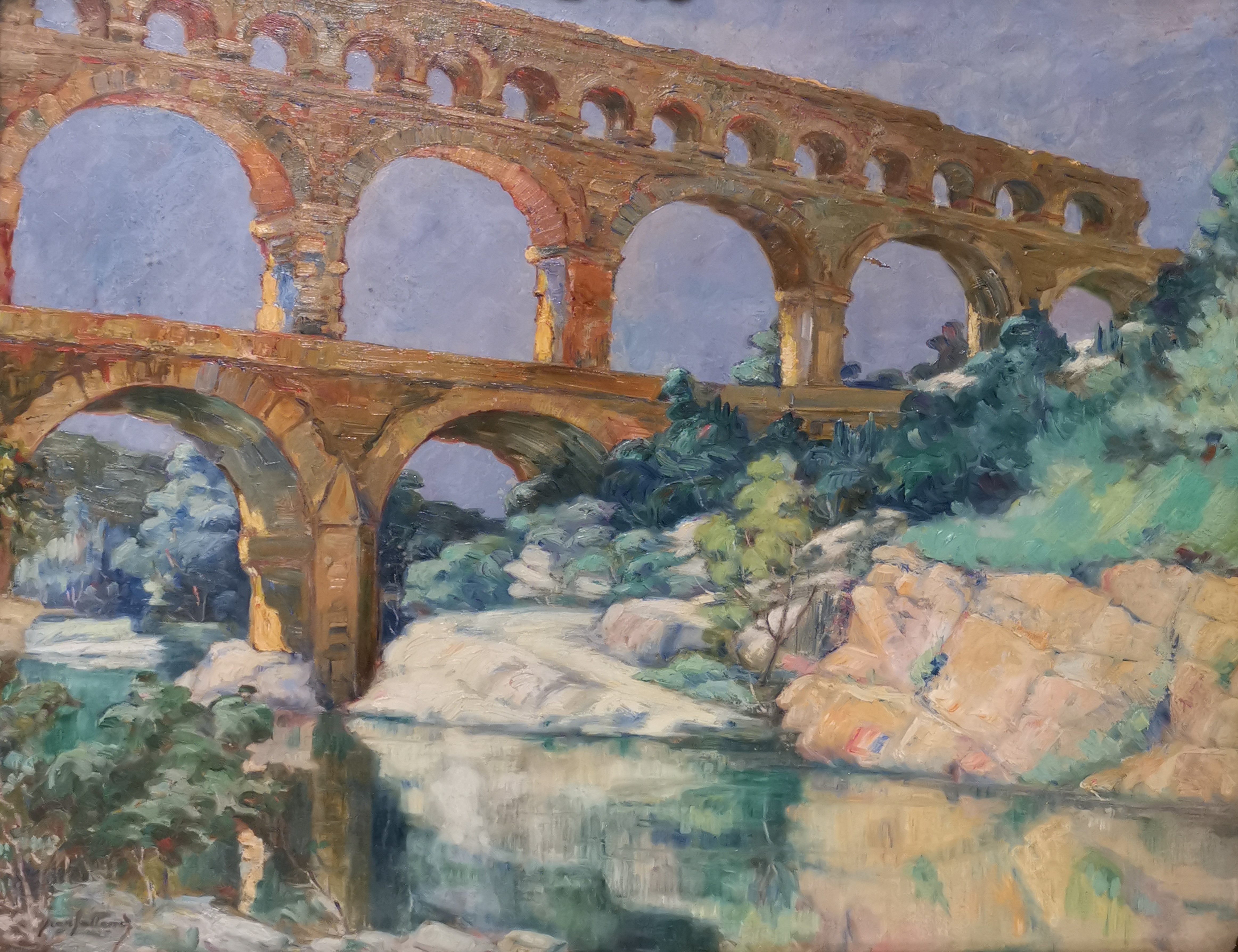 Jean GALLAND (1880-1958). Reflets dans l'eau au Pont du Gard. Huile sur toile, [...]