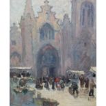 Jean GALLAND (1880-1958). Scène de marché devant le portail d'une église. Huile [...]