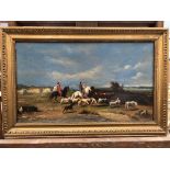 Ecole orientalise du XIXe siècle. Caravane et troupeau. Huile sur toile. 32,5 x 55 cm. -