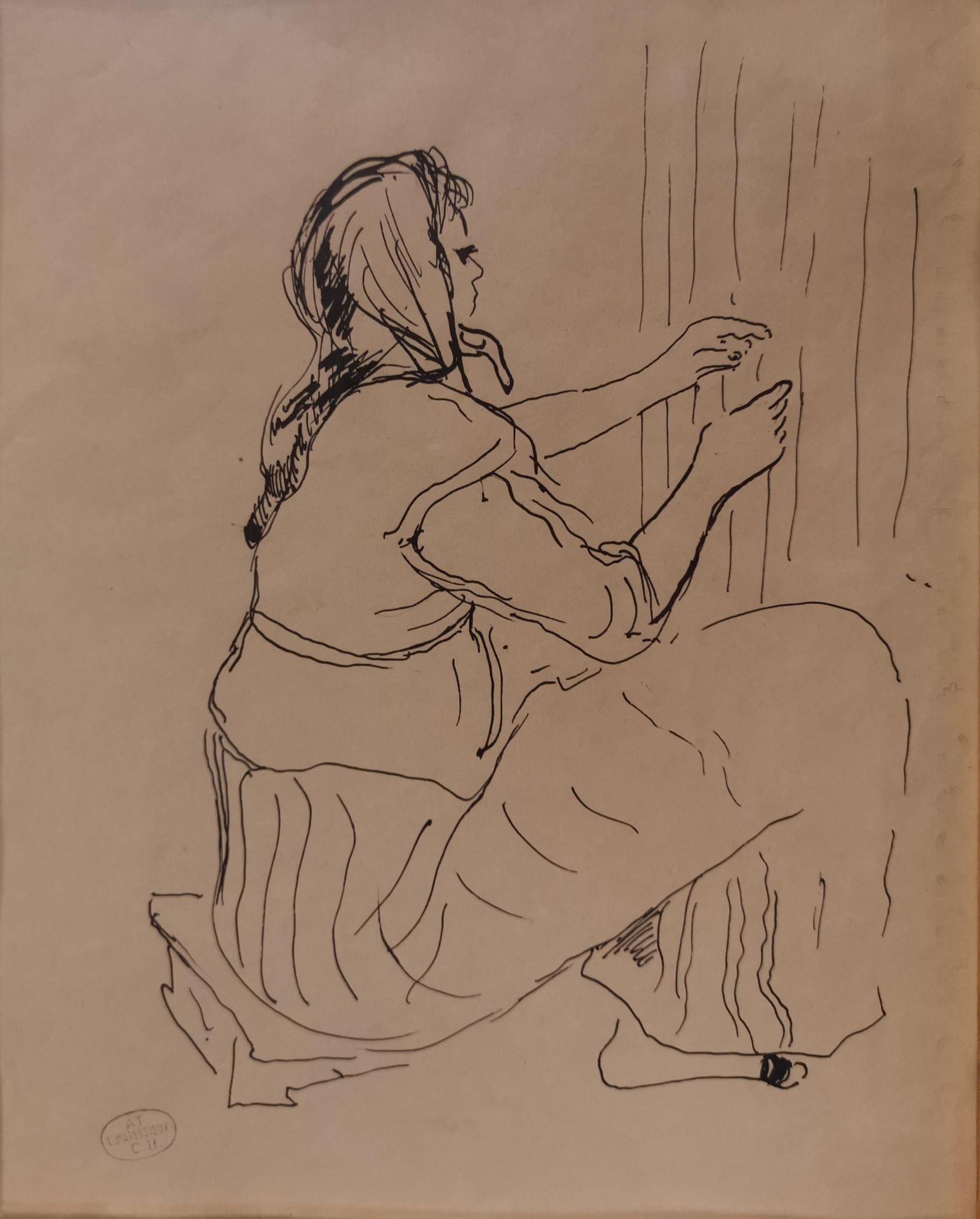 Lucien MAINSSIEUX (1885-1958). Jeune fille orientale tissant. Dessin, signé du [...]