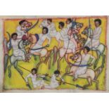 ETHIOPIE - Copte. Choc de cavaleries. Peinture sur peau. 21 x 30 cm. -