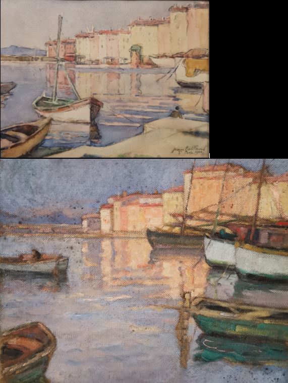 Jean GALLAND (1880-1958). Deux vues du port de Saint-Tropez. Aquarelle, signée, [...]