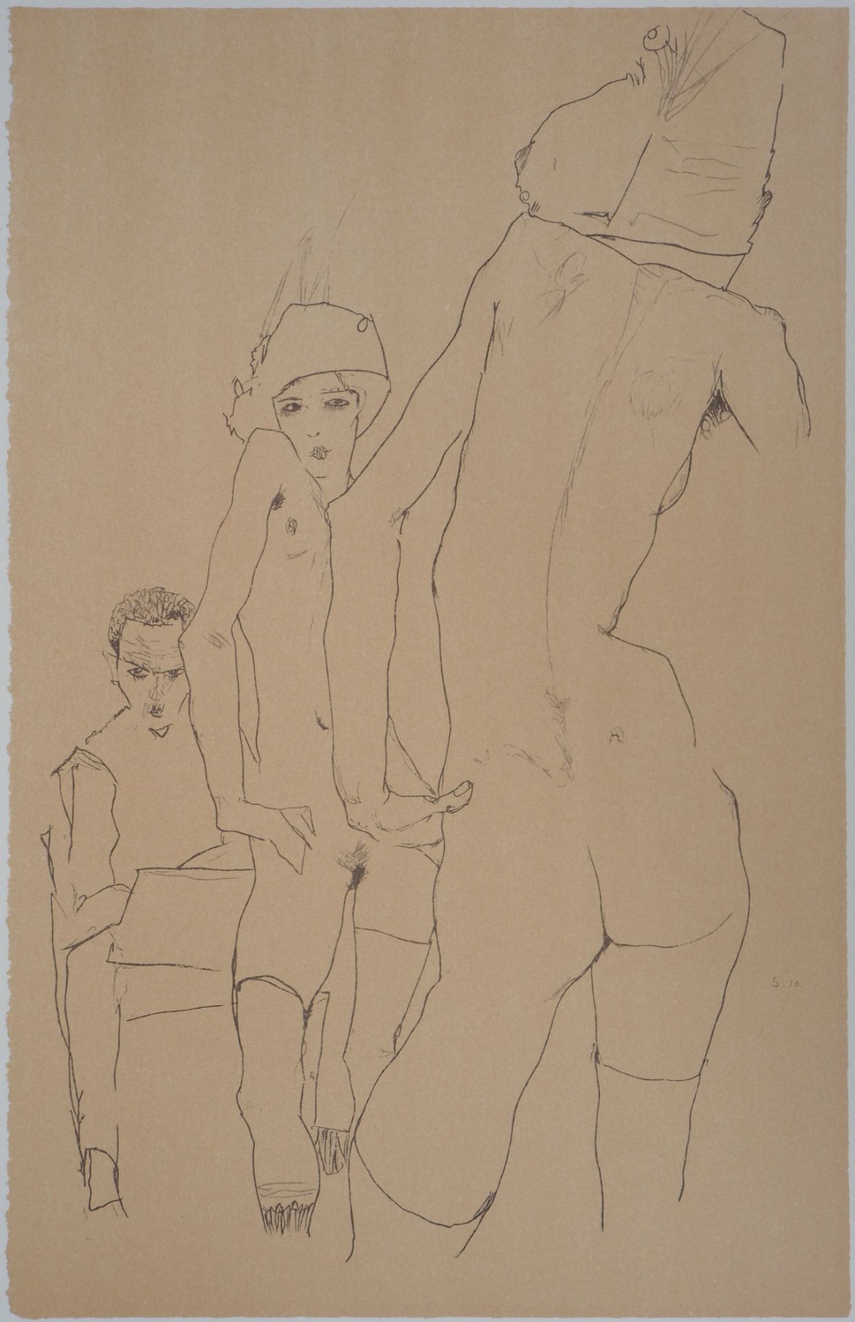 Egon SCHIELE (after) The sketch facing the mirror Colour lithograph Signed in the [...]