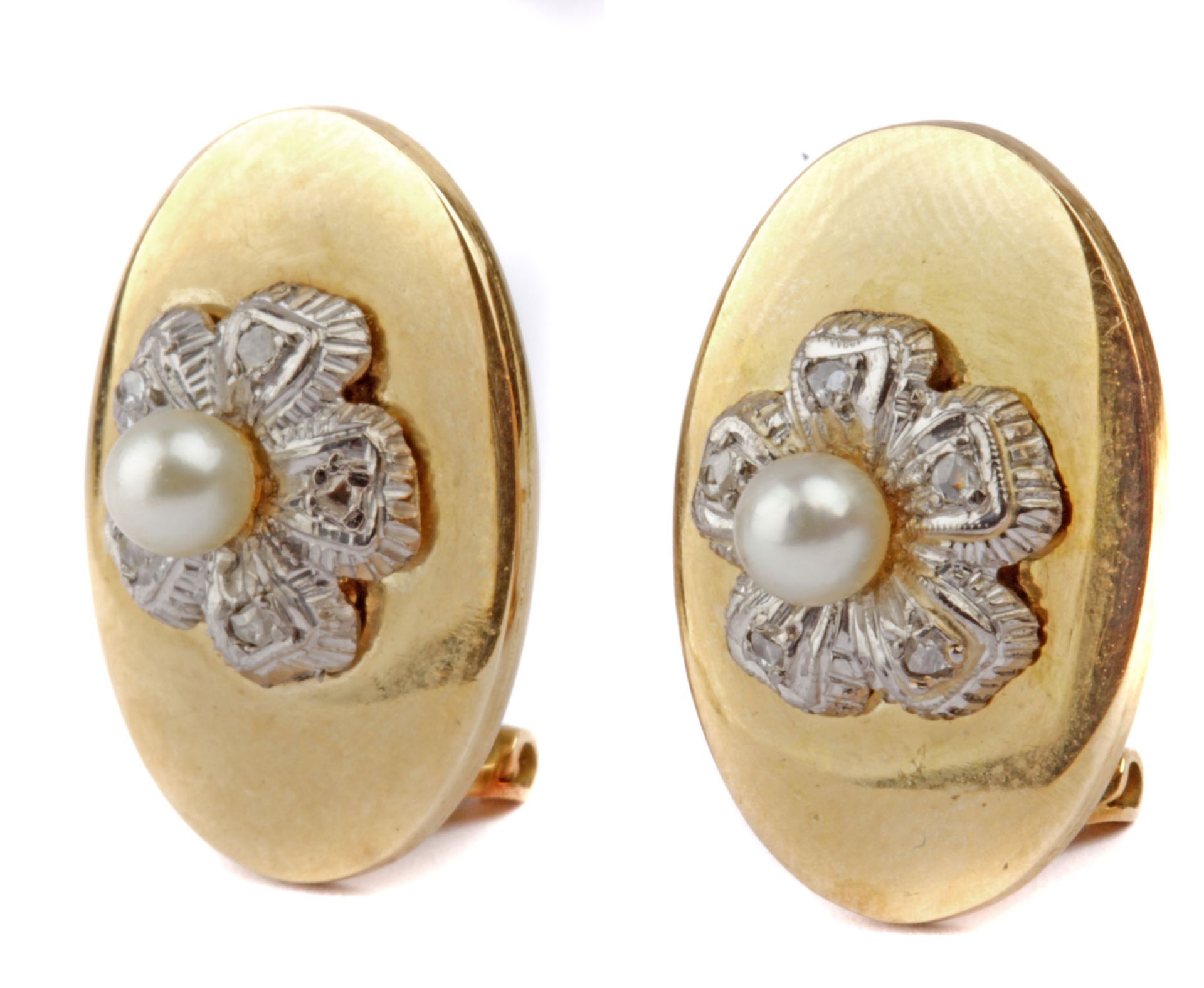 A pair of rose cut and pearl earrings with a platinum and yellow gold setting