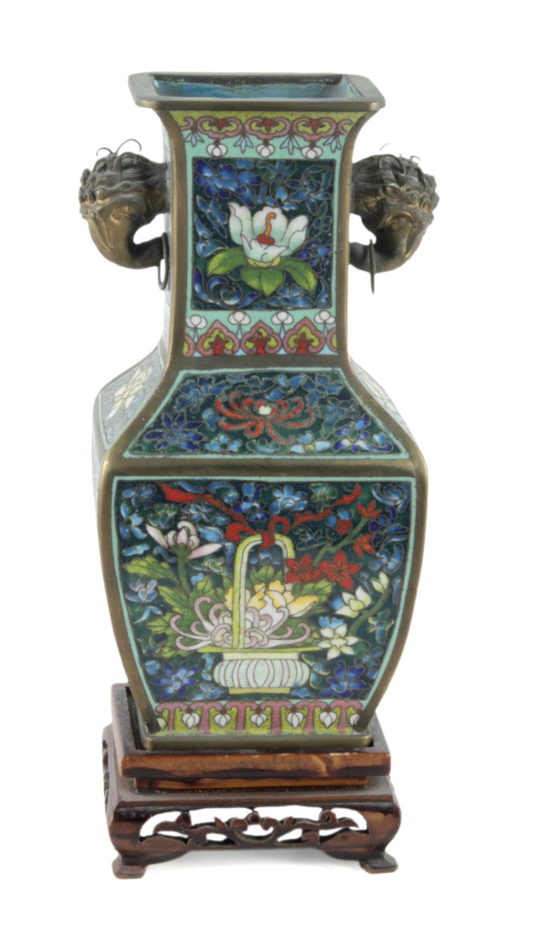 A pair of mid 20th century Chinese bronze and cloisonné enamel vases - Image 2 of 5