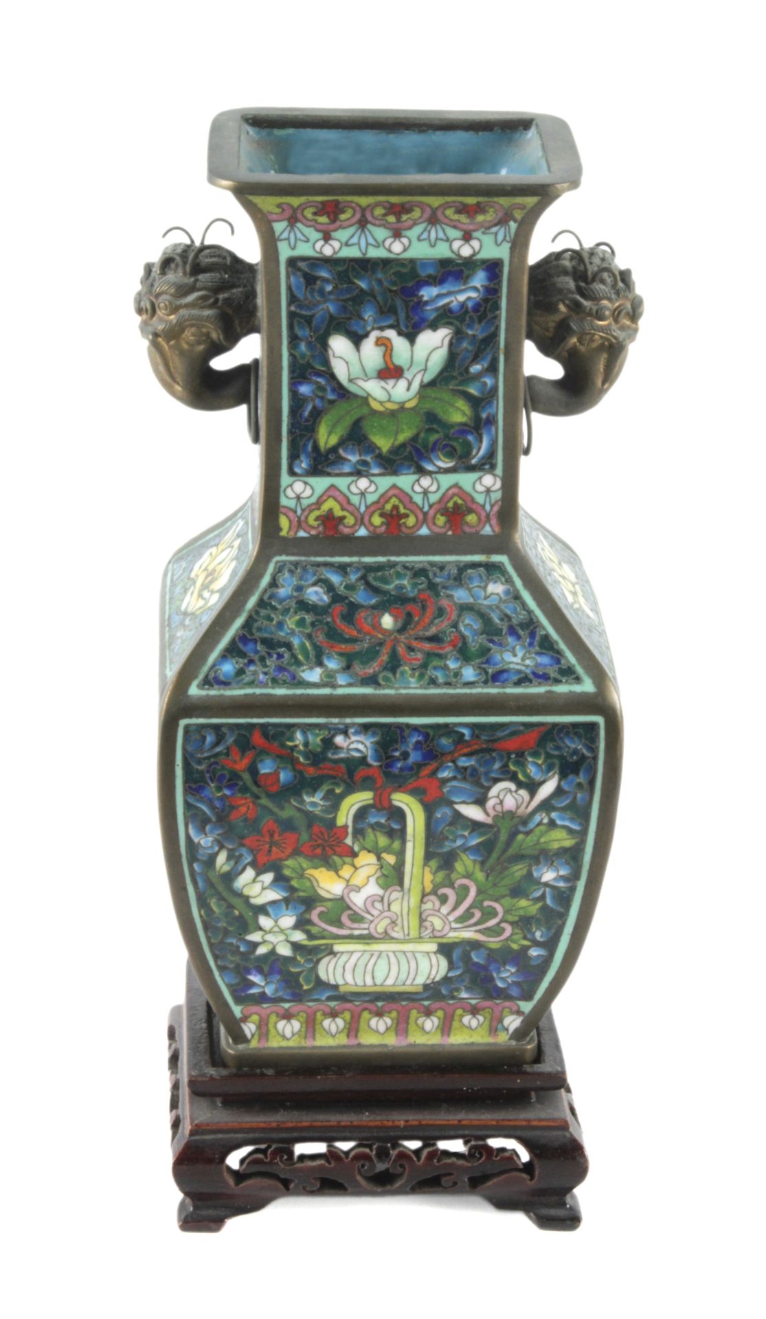 A pair of mid 20th century Chinese bronze and cloisonné enamel vases - Image 4 of 5