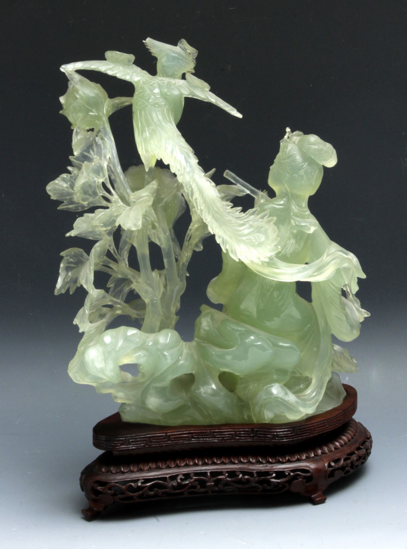 A 20th century Chinese school. Carved jade figure of a Chinese beauty and flowers - Image 2 of 2