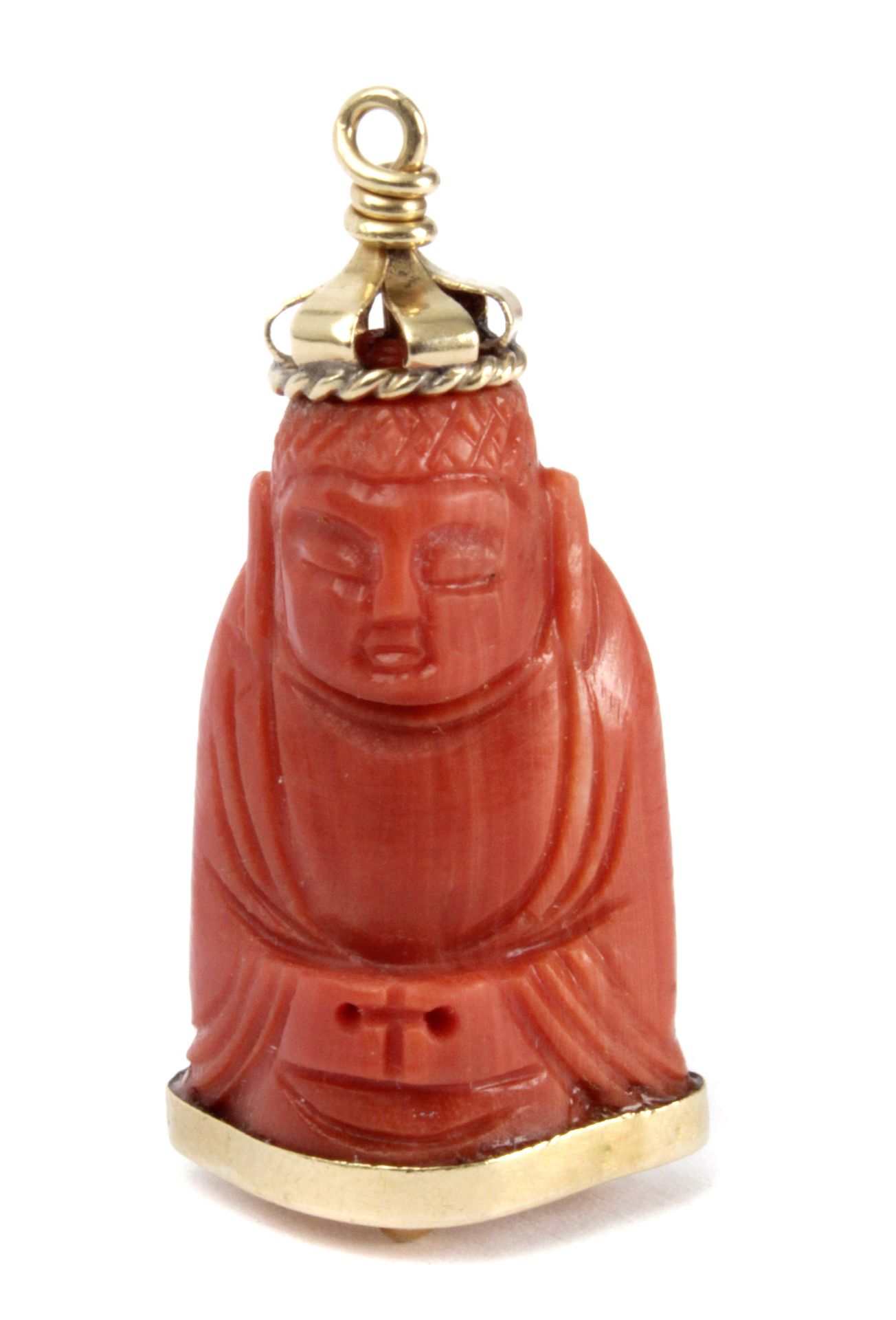 Carved Mediterranean red coral Buddha pendant with an 18k yellow gold setting