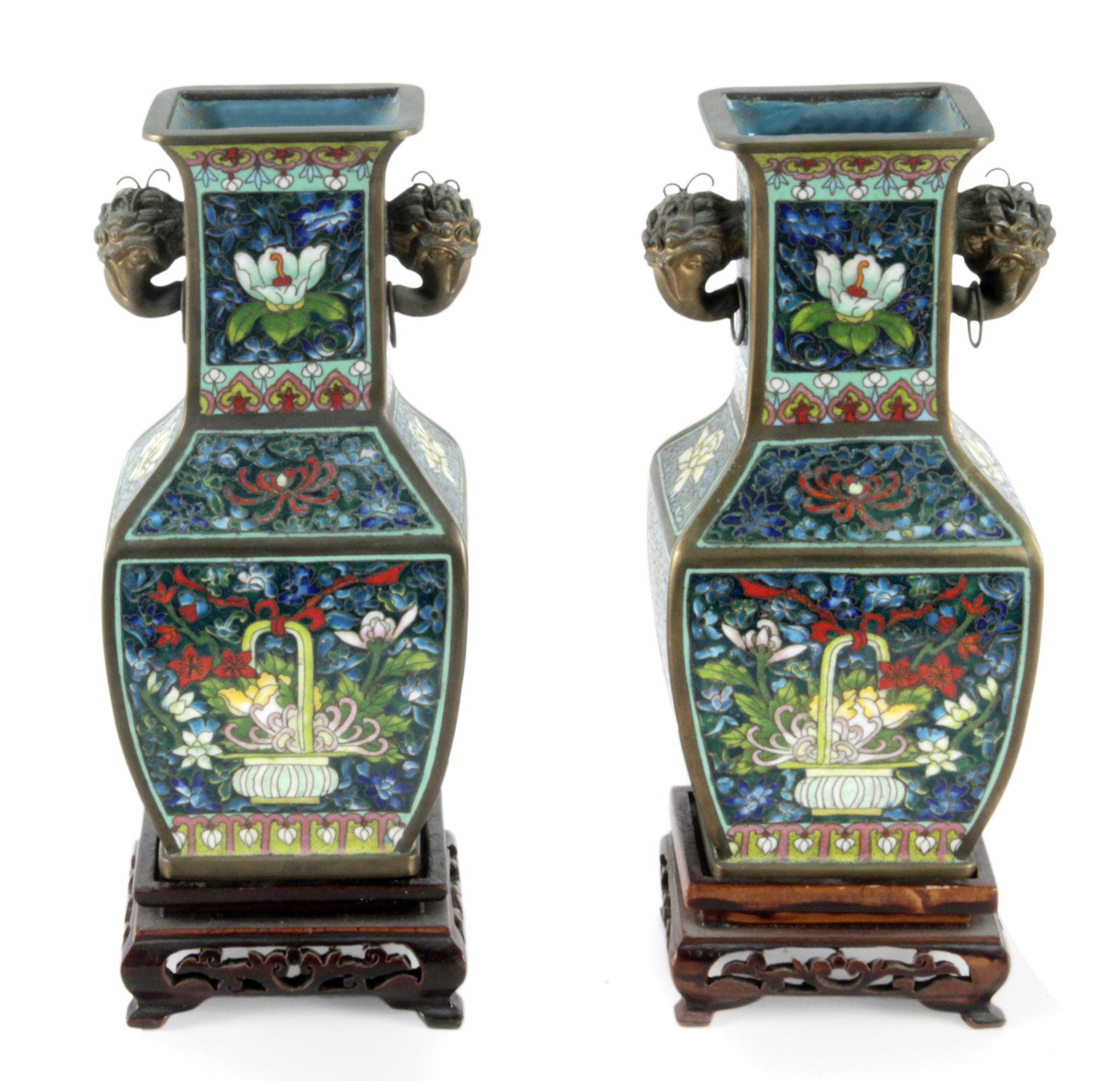 A pair of mid 20th century Chinese bronze and cloisonné enamel vases