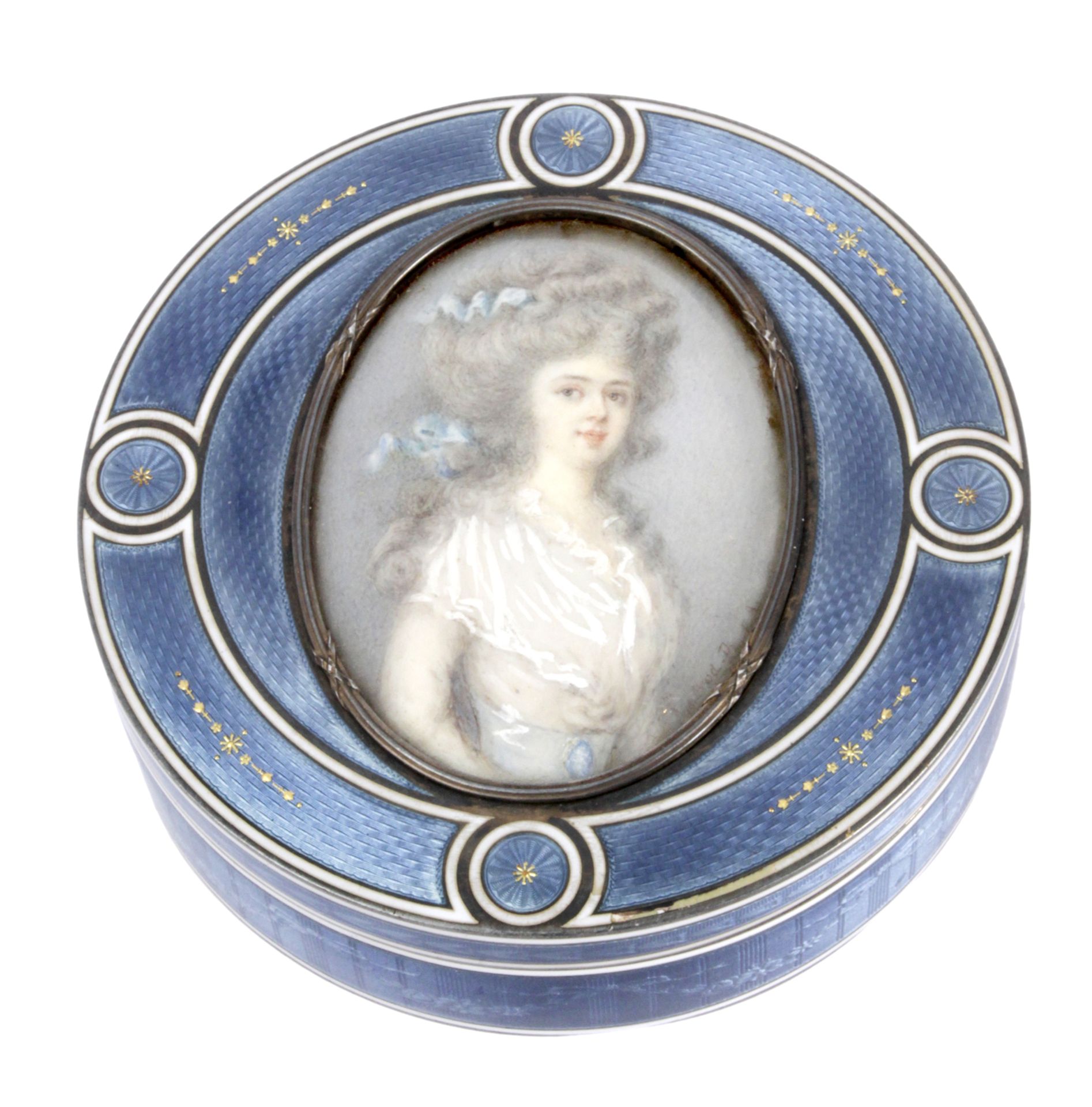 A 19th century French silver and guilloché enamel box with a female portrait miniature