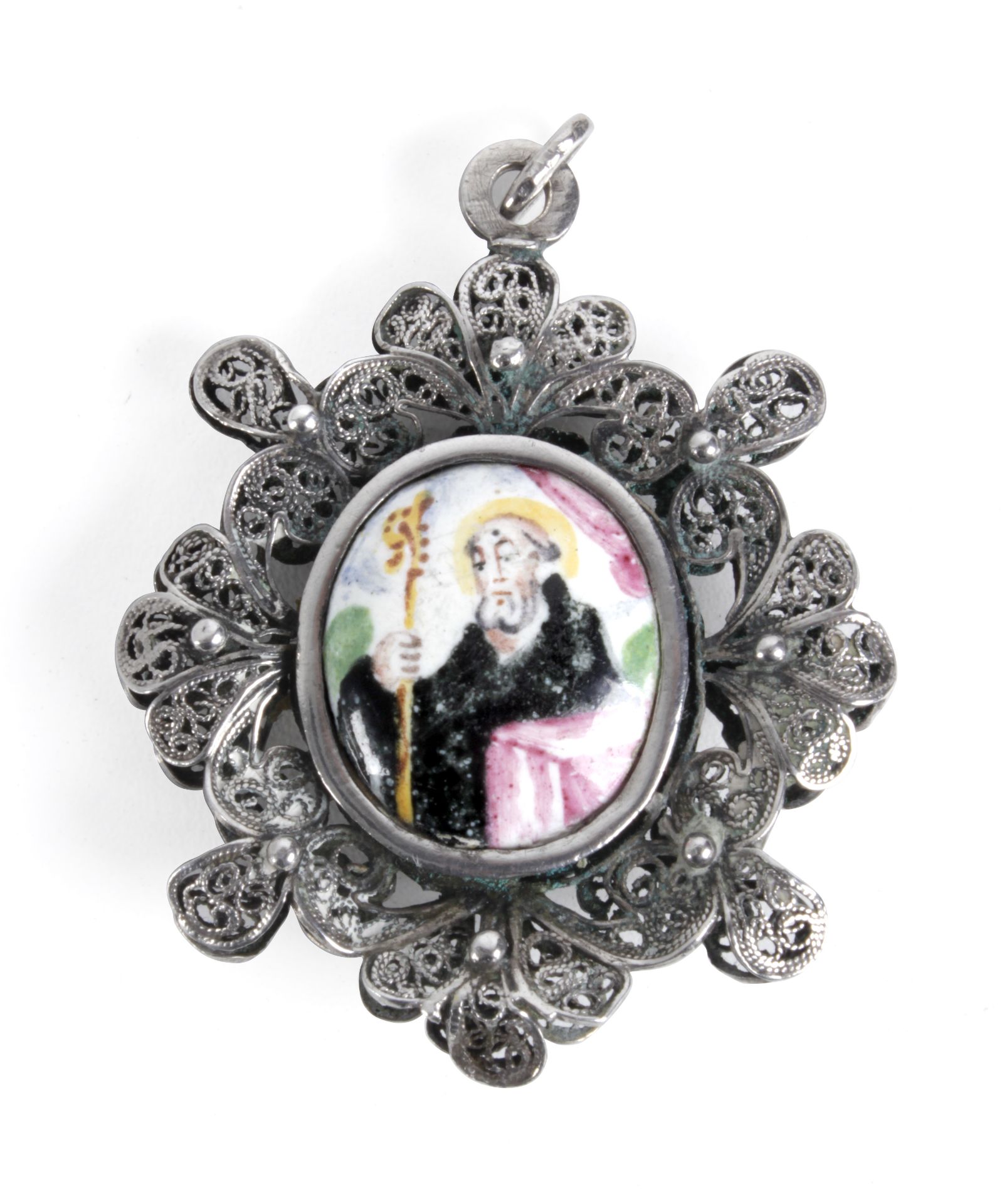 Late 18th century Spanish reliquary pendant in silver and porcelain