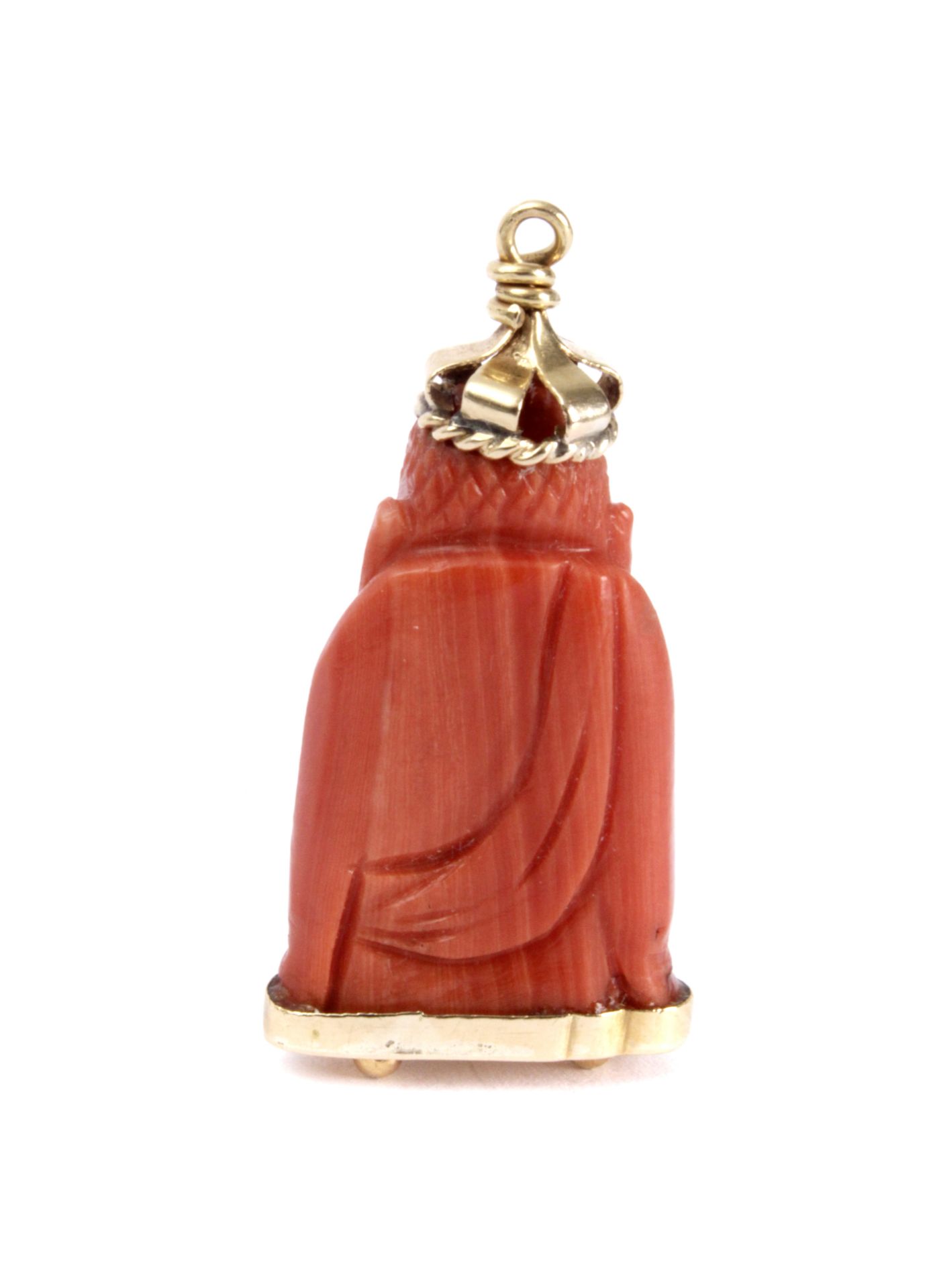 Carved Mediterranean red coral Buddha pendant with an 18k yellow gold setting - Image 2 of 2