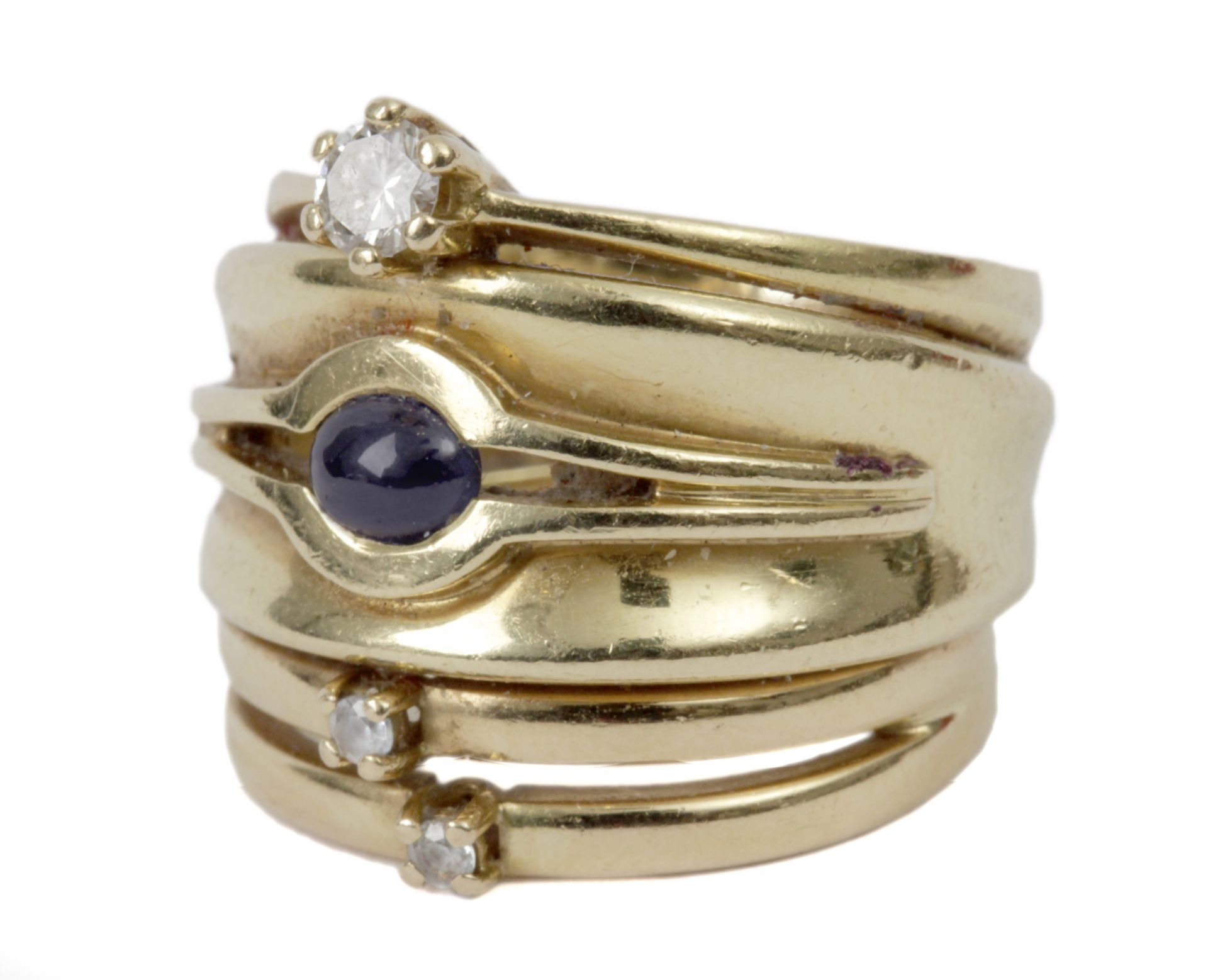 Cabochon cut sapphire and brilliant cut diamonds ring with an 18 k. yellow gold setting