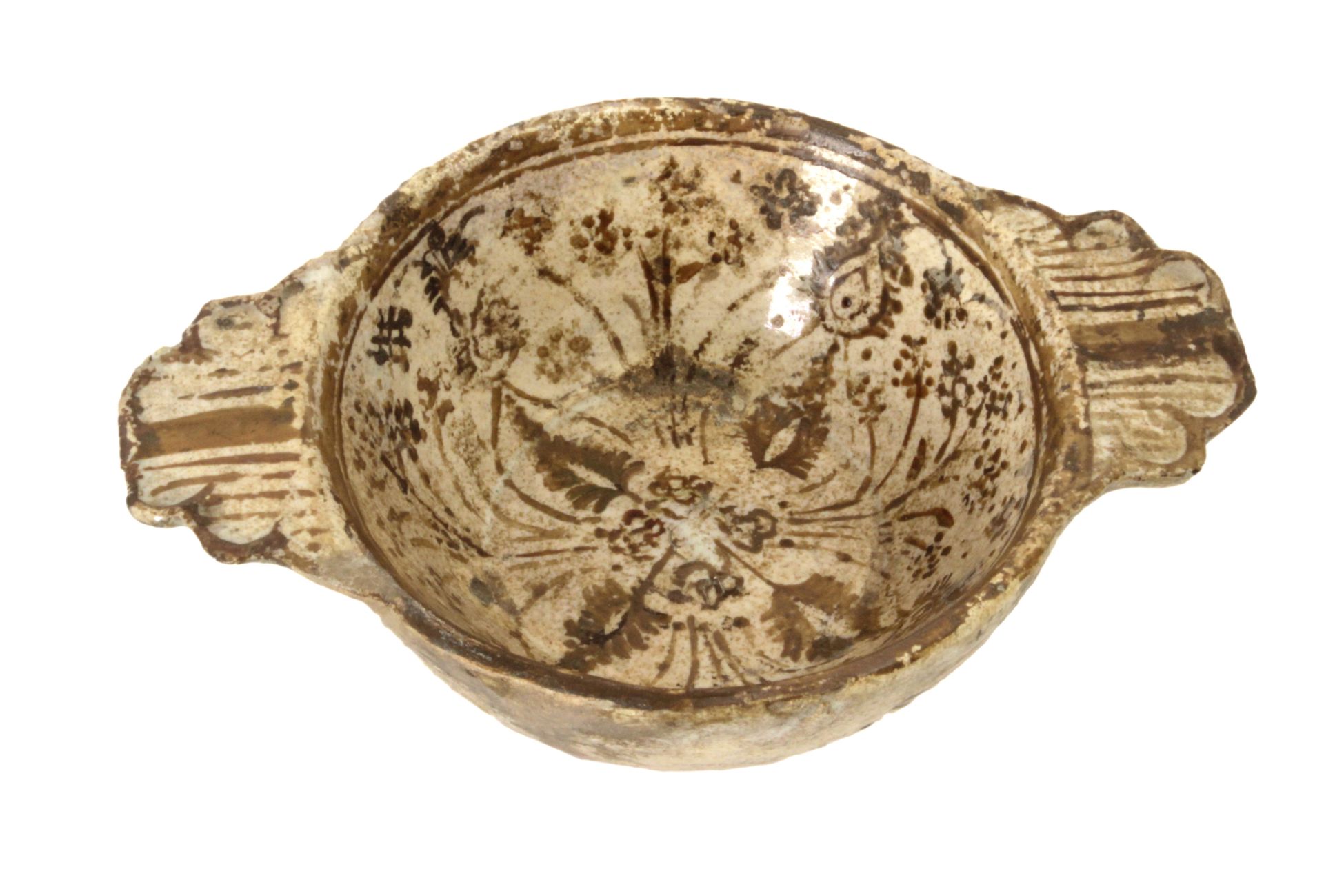 2nd. quarter of 15th century double-ear porringer in Manises tin-glazed pottery