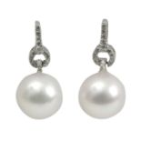 18k. white gold, brilliant cut diamonds and cultured pearls earrings