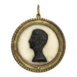 19th century French medallion in carved alabaster and bronze