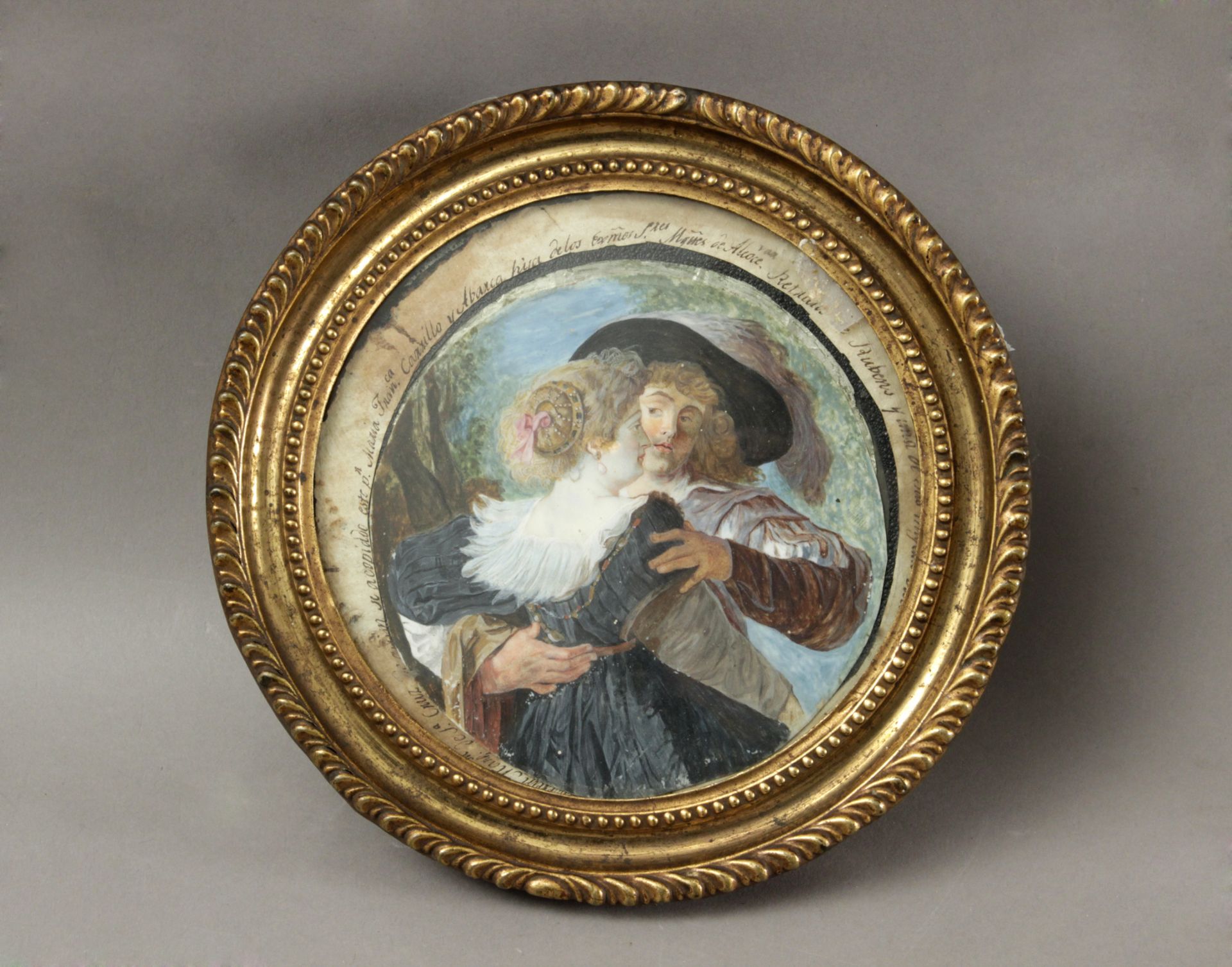 19th century Spanish portrait miniature depicting "Rubens with one of his spouses"