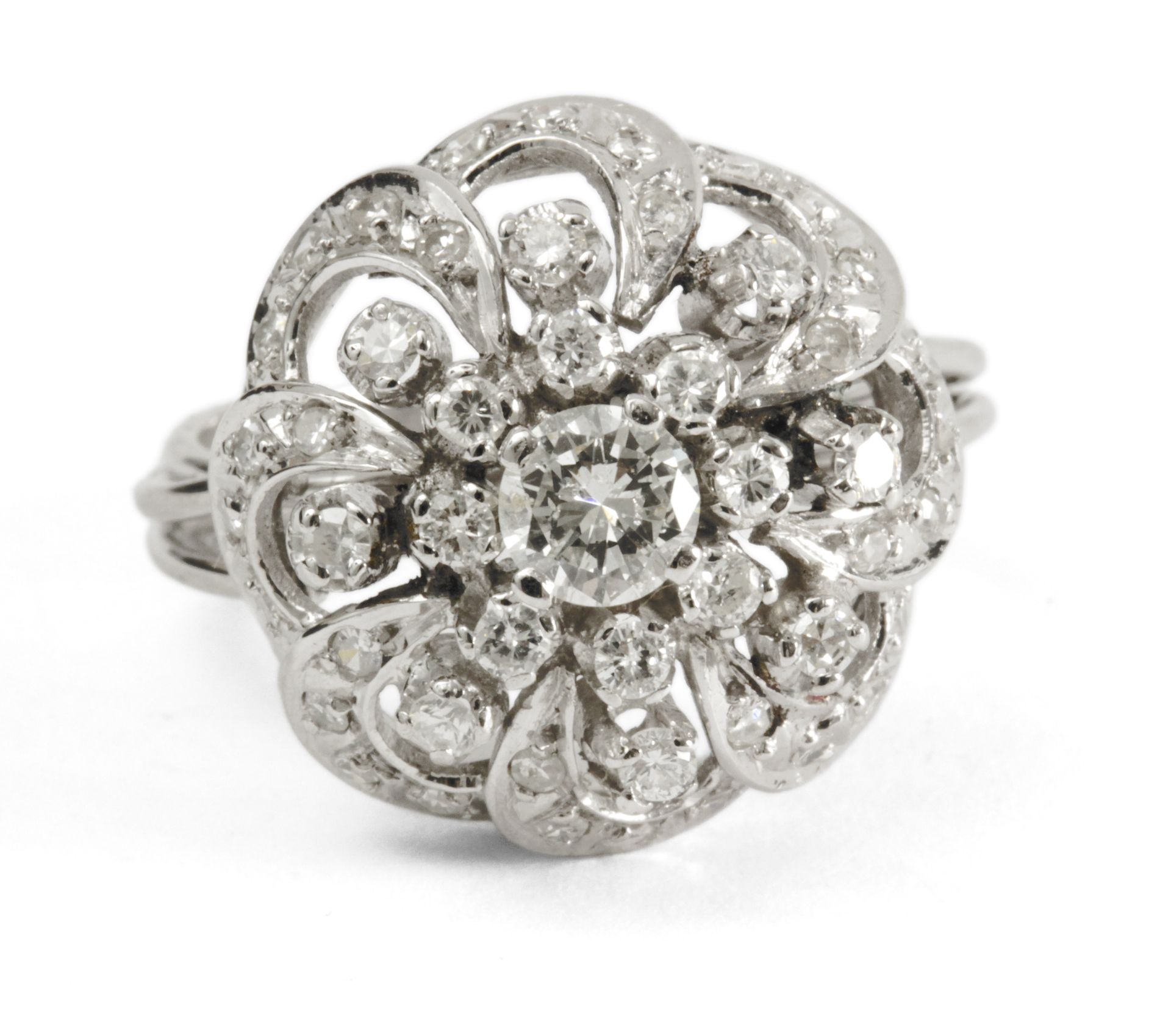 Platinum and brilliant cut diamonds bombe ring circa 1950