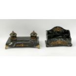 19th century inkstand set of two pieces in green marble